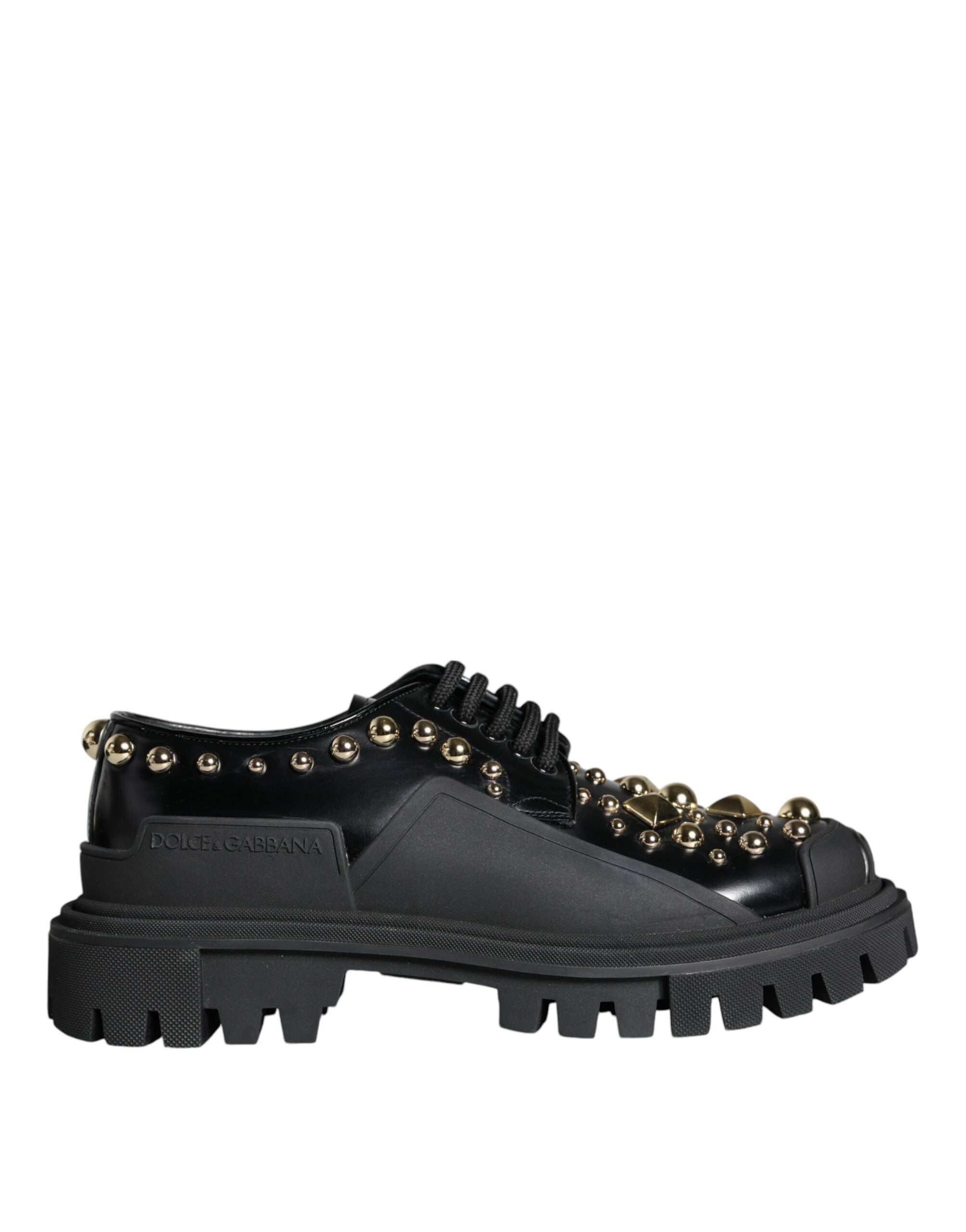 Chaussures de trekking Derby en cuir noir Dolce & Gabbana, avec embellissements, style élégant et robuste.