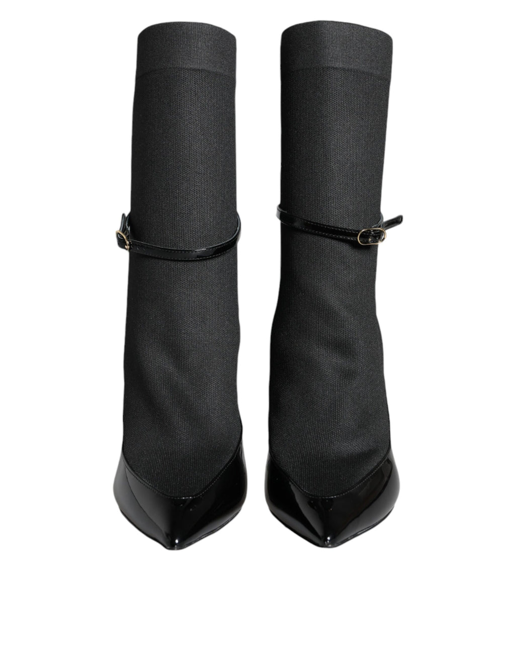 Chaussures Dolce & Gabbana en cuir noir, bottines stilettos avec chaussettes intégrées, vue de face sur fond blanc.