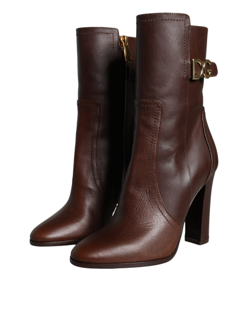 Chaussures à talons en cuir brun Dolce & Gabbana, bottines mi-mollet élégantes et sophistiquées pour femmes.