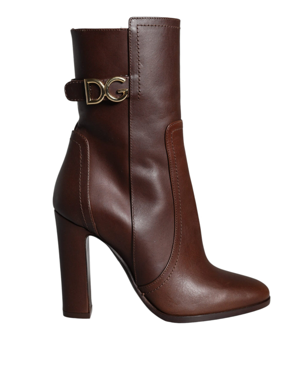 Chaussures Dolce & Gabbana, bottines en cuir marron à talons mi-mollet, style élégant et sophistiqué.