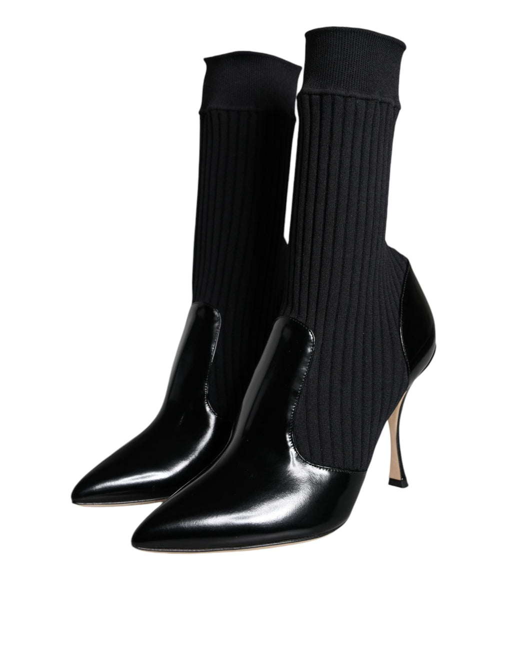 Chaussures Dolce & Gabbana noires, bottines en stretch à talons stilettos avec chaussettes intégrées, vue de face.