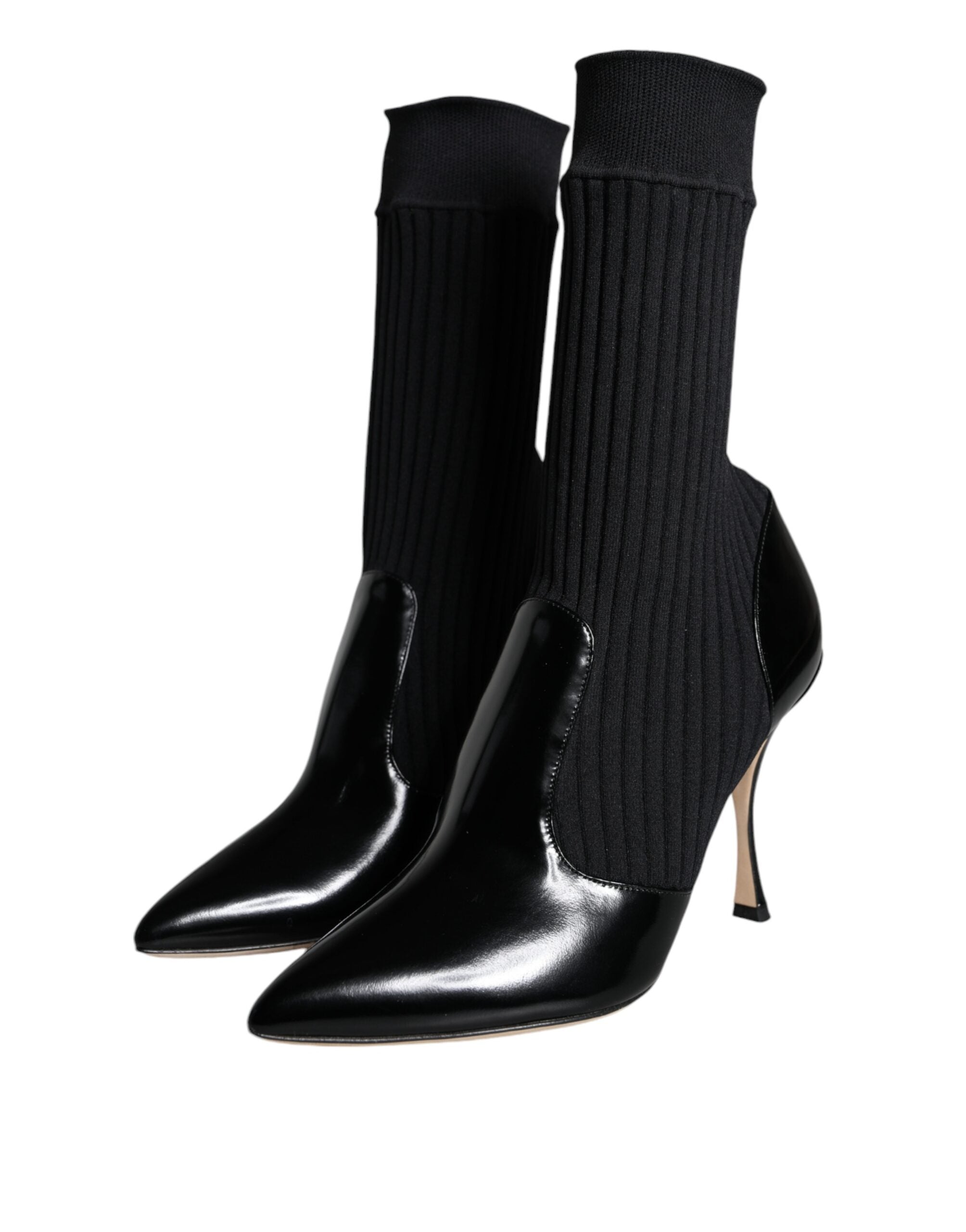 Chaussures Dolce & Gabbana noires, bottines en stretch à talons stilettos avec chaussettes intégrées, vue de face.