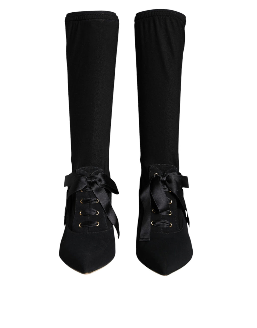 Chaussures Dolce & Gabbana, bottines noires à talons stilettos, mi-mollet, élégantes et sophistiquées.
