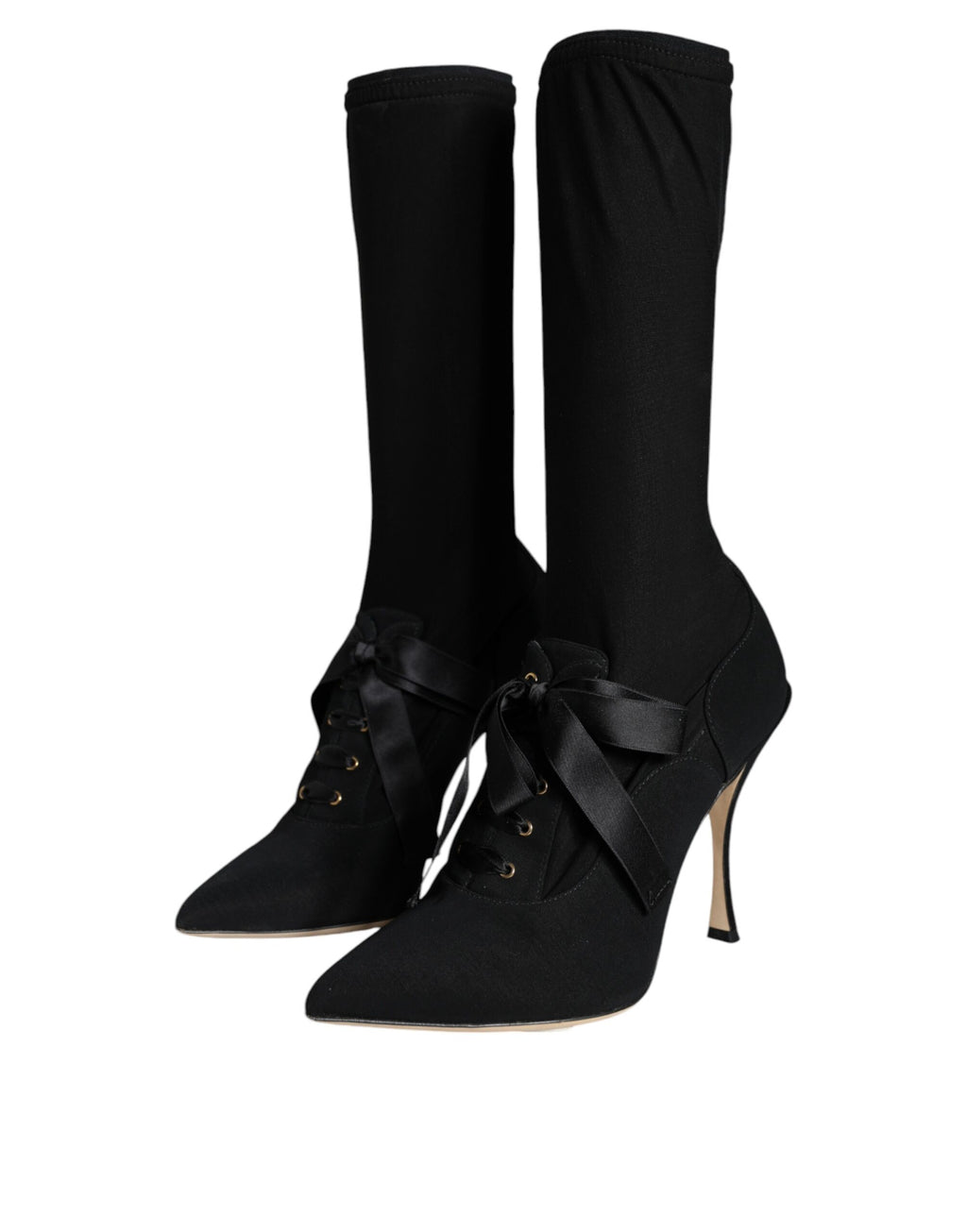 Chaussures Dolce & Gabbana, bottines noires à talons stilettos et mi-mollet, élégantes et sophistiquées.