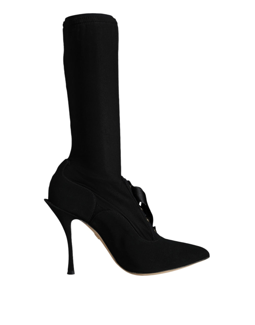 Chaussures Dolce & Gabbana, bottines noires à talons stilettos, mi-mollet, style élégant et sophistiqué.