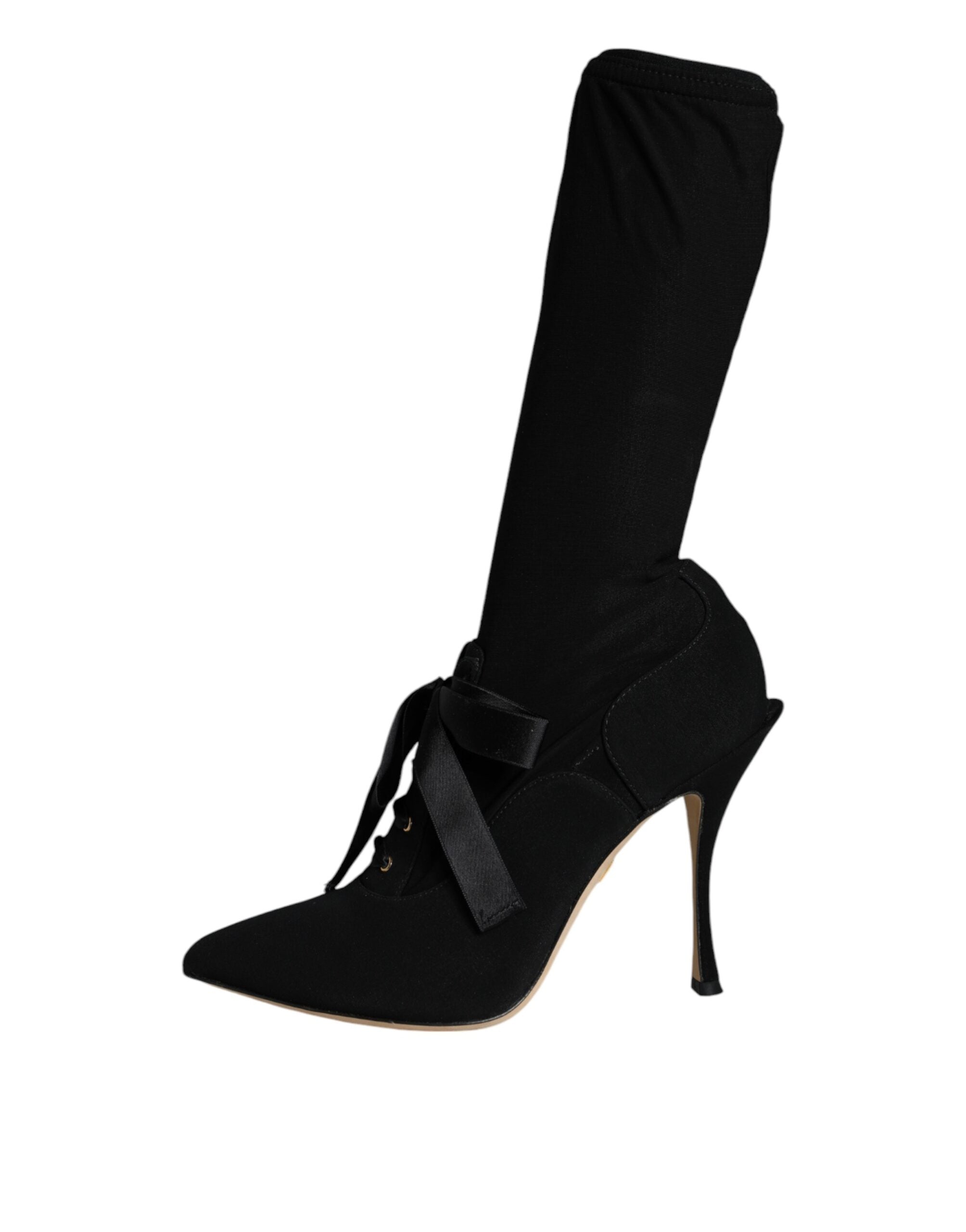 Chaussures à talons stilettos noirs Dolce & Gabbana, bottines mi-mollet élégantes en cuir avec finition chic.