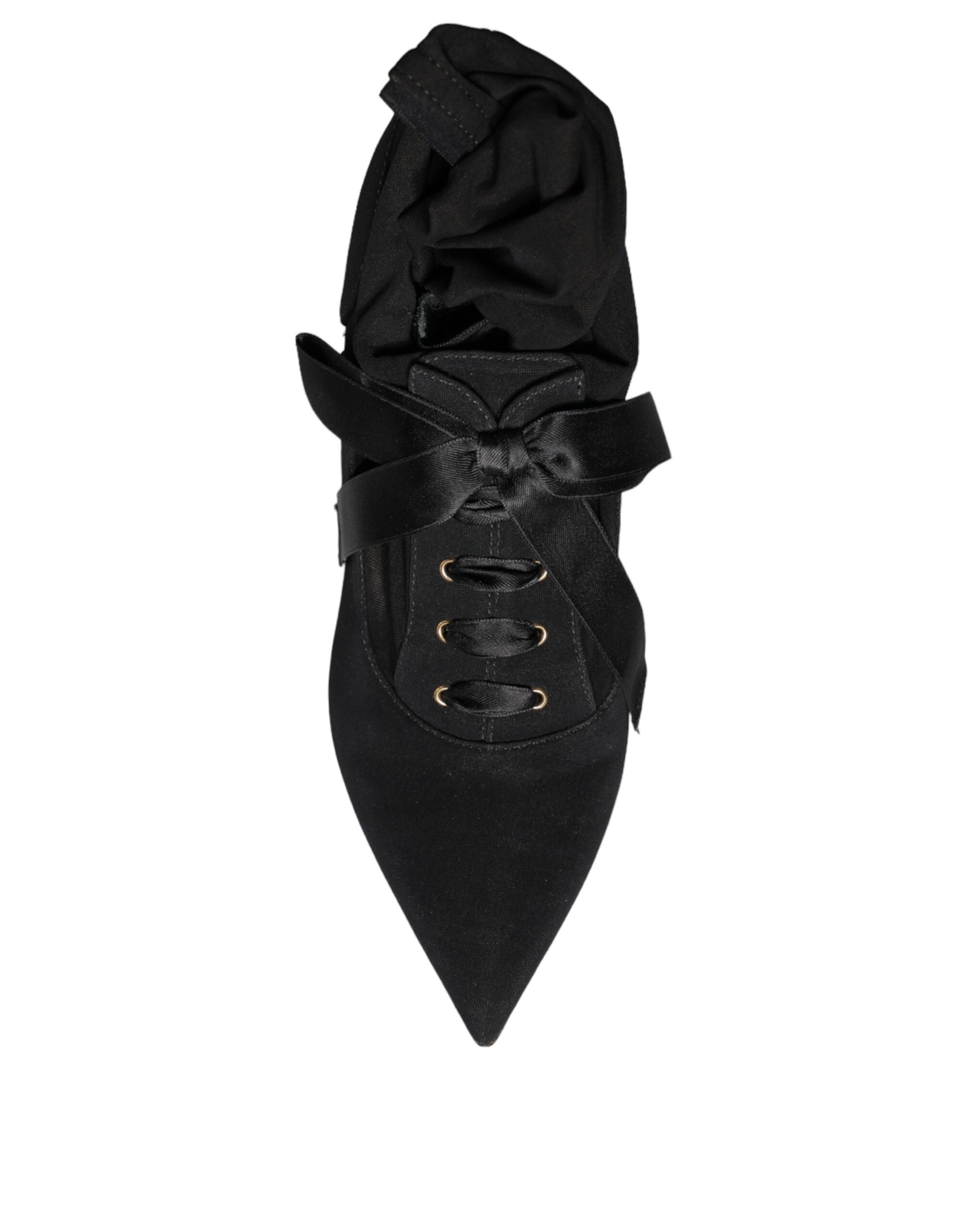 Chaussures Dolce & Gabbana, bottines noires à talons aiguilles stilettos, mi-mollet, élégantes et sophistiquées.