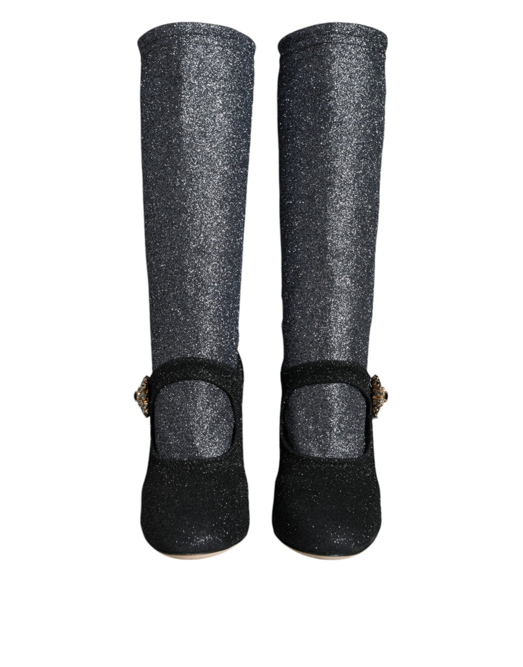 Chaussures Dolce & Gabbana Mary Janes noires avec cristaux, bottines élégantes en cuir, vue frontale sur fond blanc