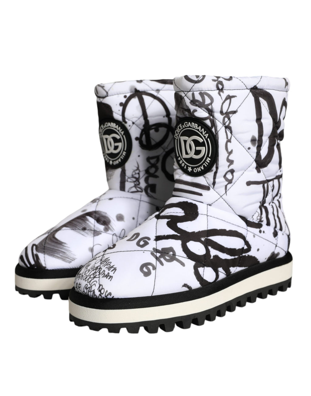 Bottes mi-mollet blanches Dolce & Gabbana avec logo imprimé, rembourrées et élégantes, chaussures de mode pour femmes.