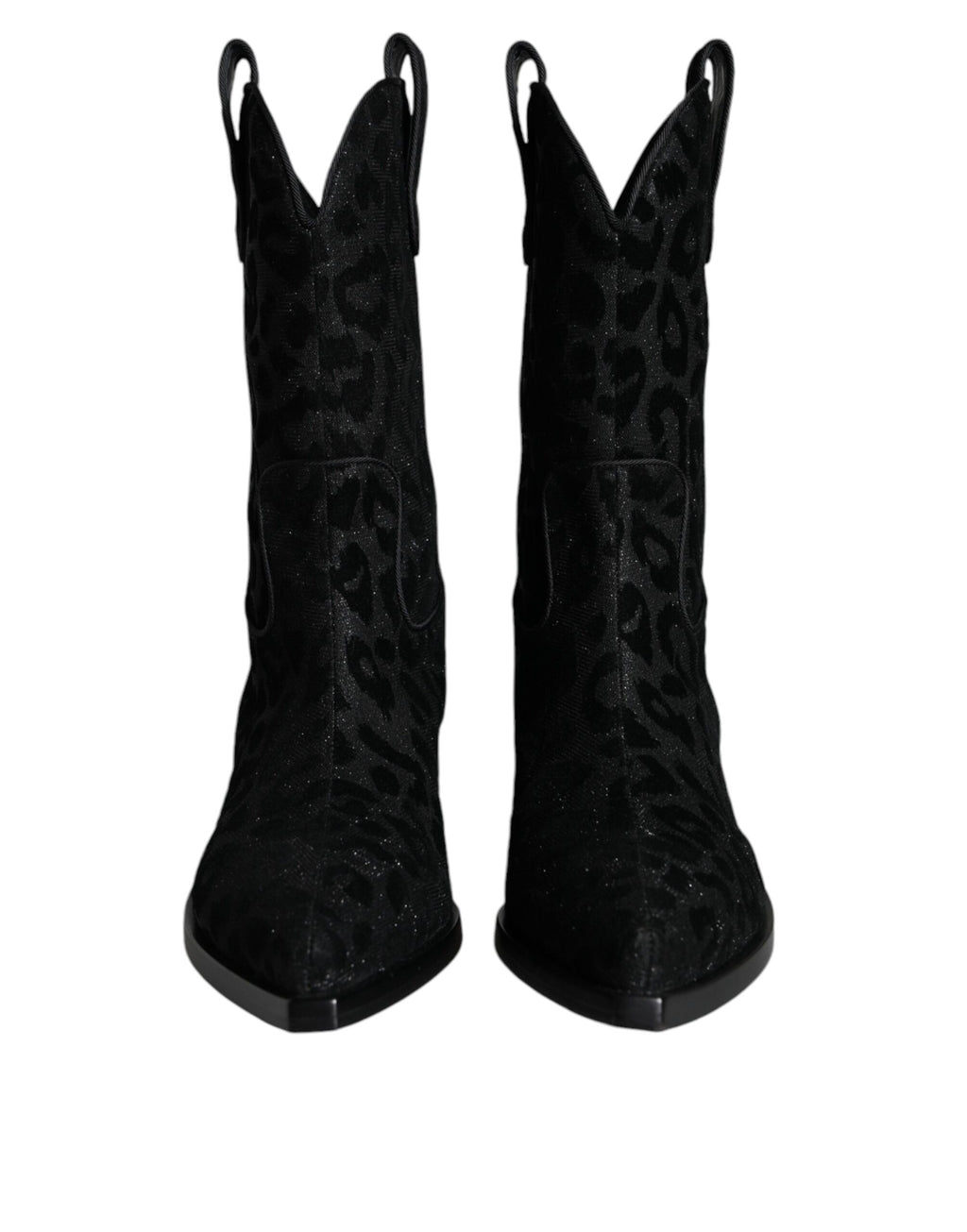 Bottes de cowboy Dolce & Gabbana en cuir noir et gris à motif léopard, style élégant et tendance.