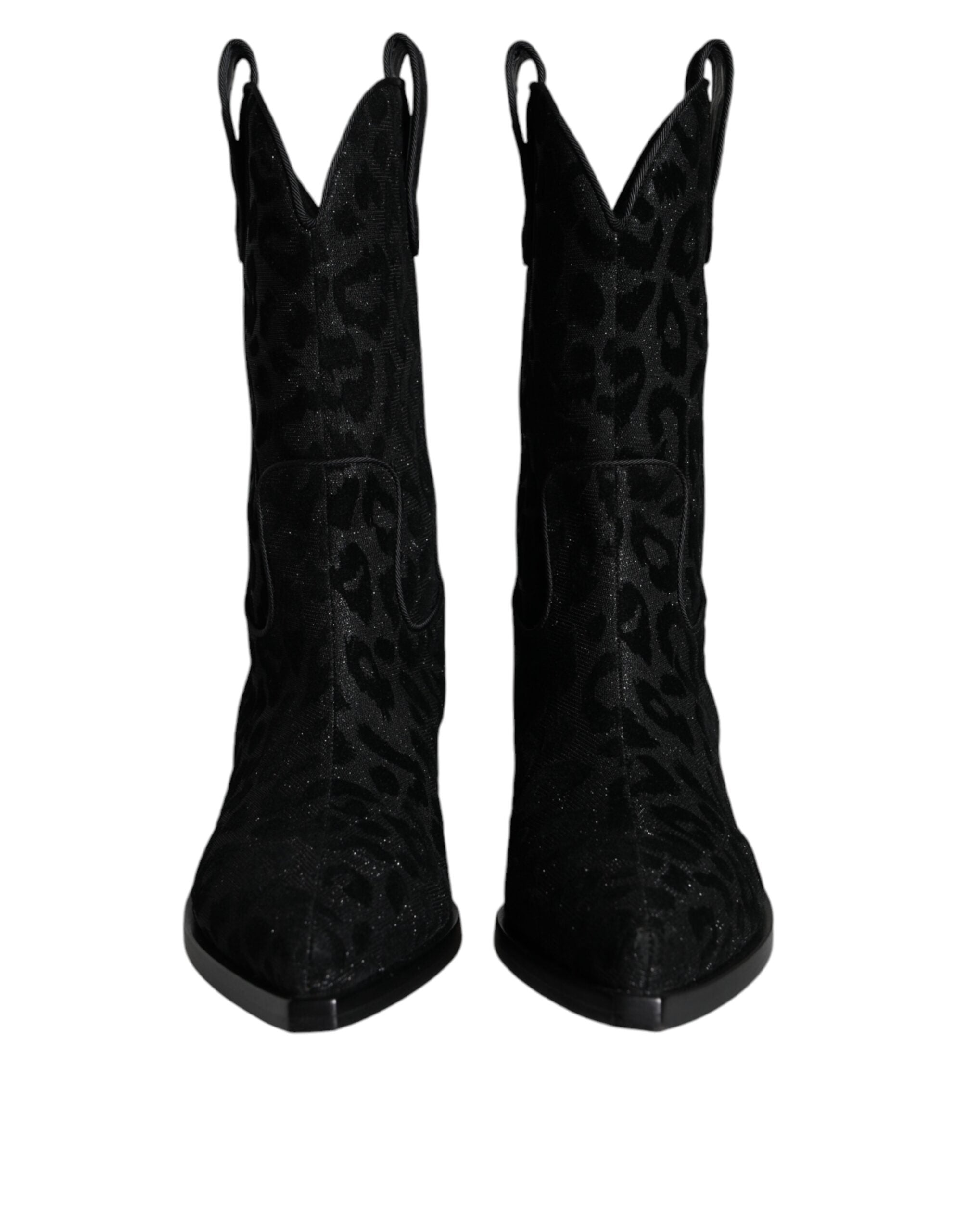 Bottes de cowboy Dolce & Gabbana en cuir noir et gris à motif léopard, style élégant et tendance.