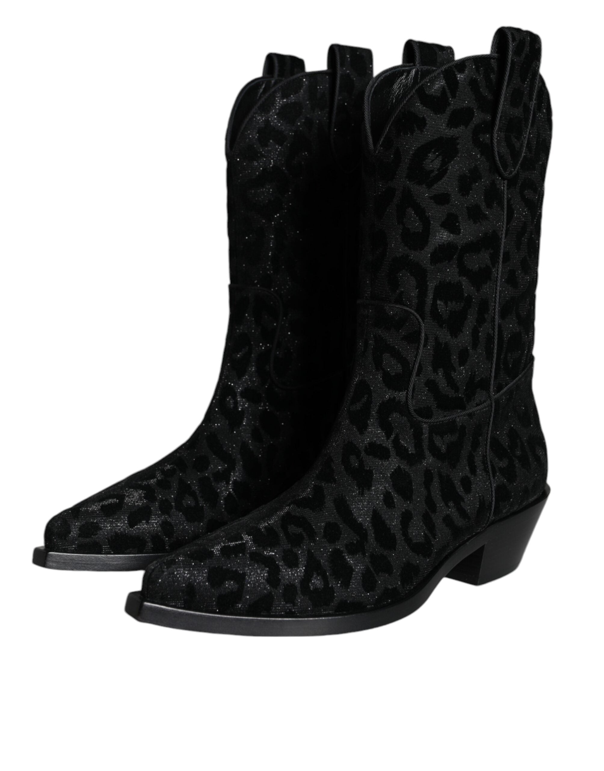 Bottes de cowboy Dolce & Gabbana en noir et gris à imprimé léopard, chaussures élégantes pour femme.