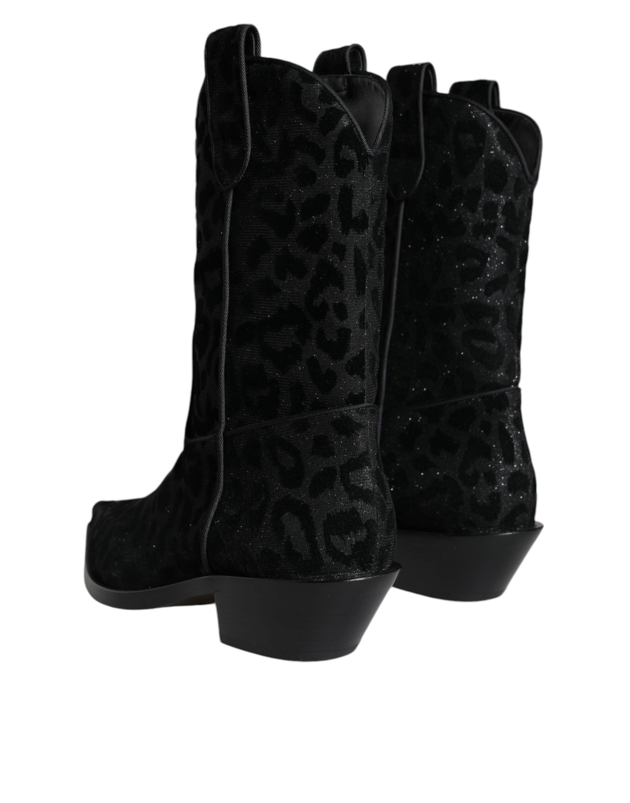 Bottes de cowboy Dolce & Gabbana noires et grises avec motif léopard, style élégant et sophistiqué.