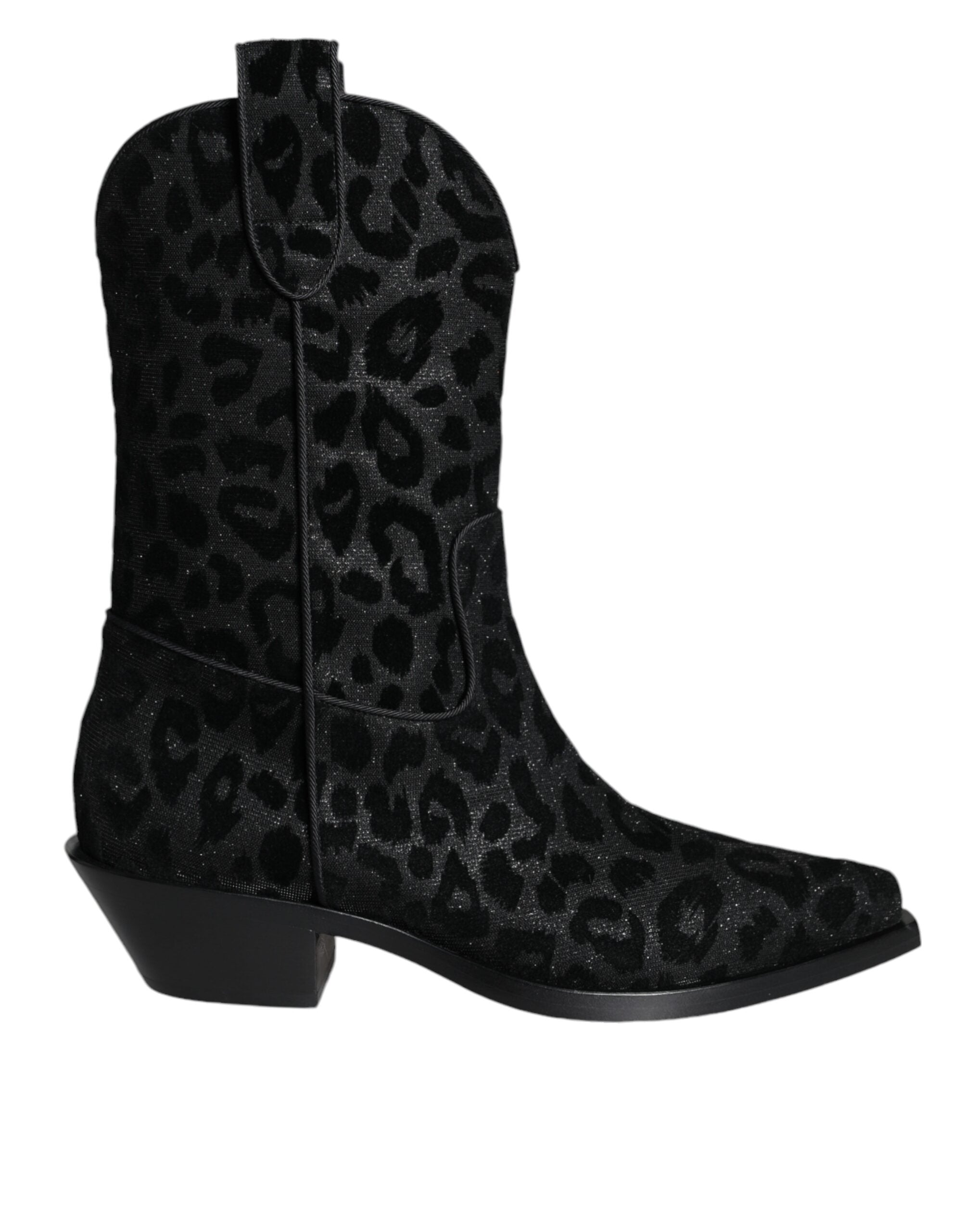 Bottes cowboy Dolce & Gabbana en cuir noir et gris à motif léopard, style western élégant et tendance.