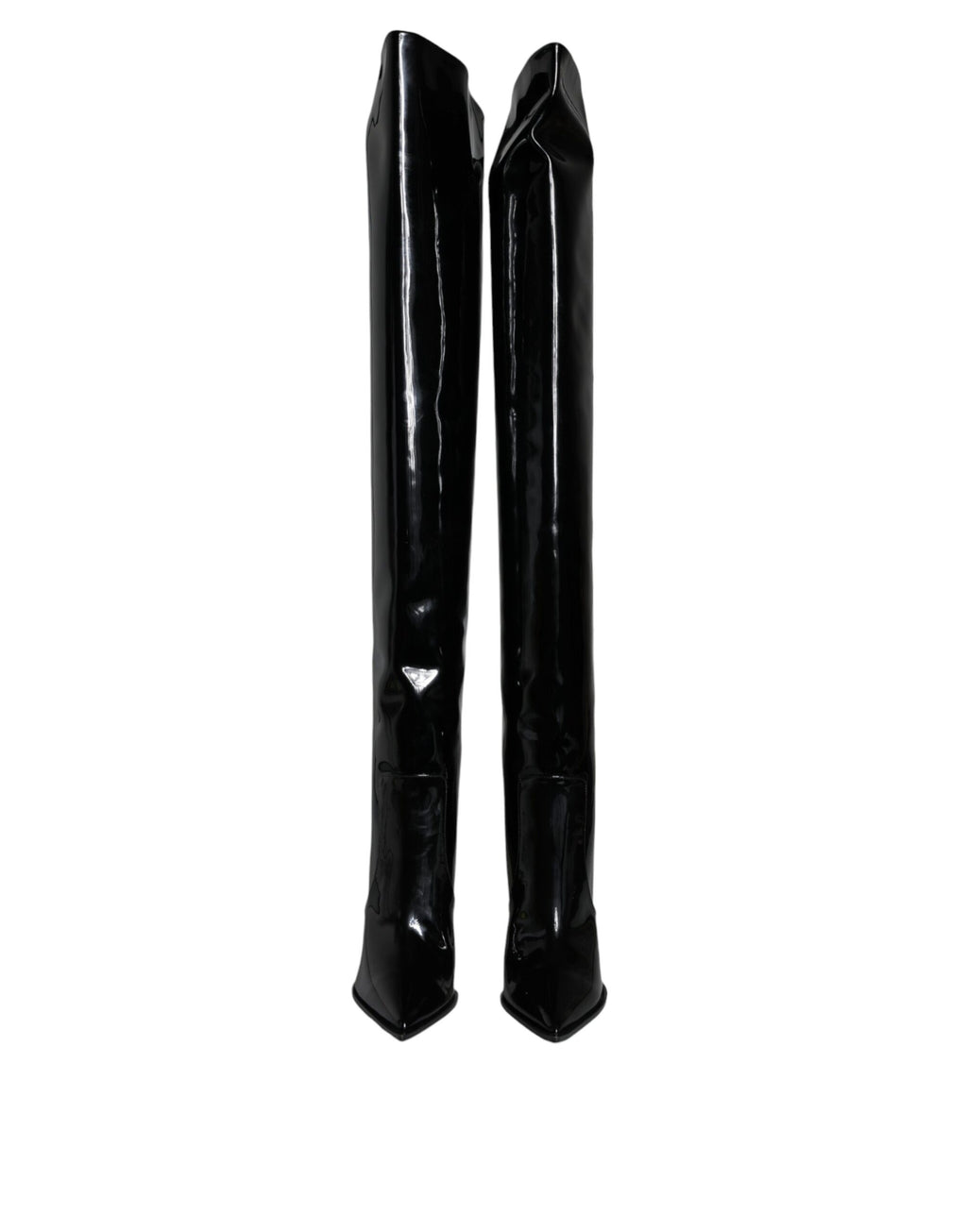 Bottes hautes en cuir verni noir Dolce & Gabbana, chaussures élégantes en cuir brillant avec talons et fermeture à glissière.