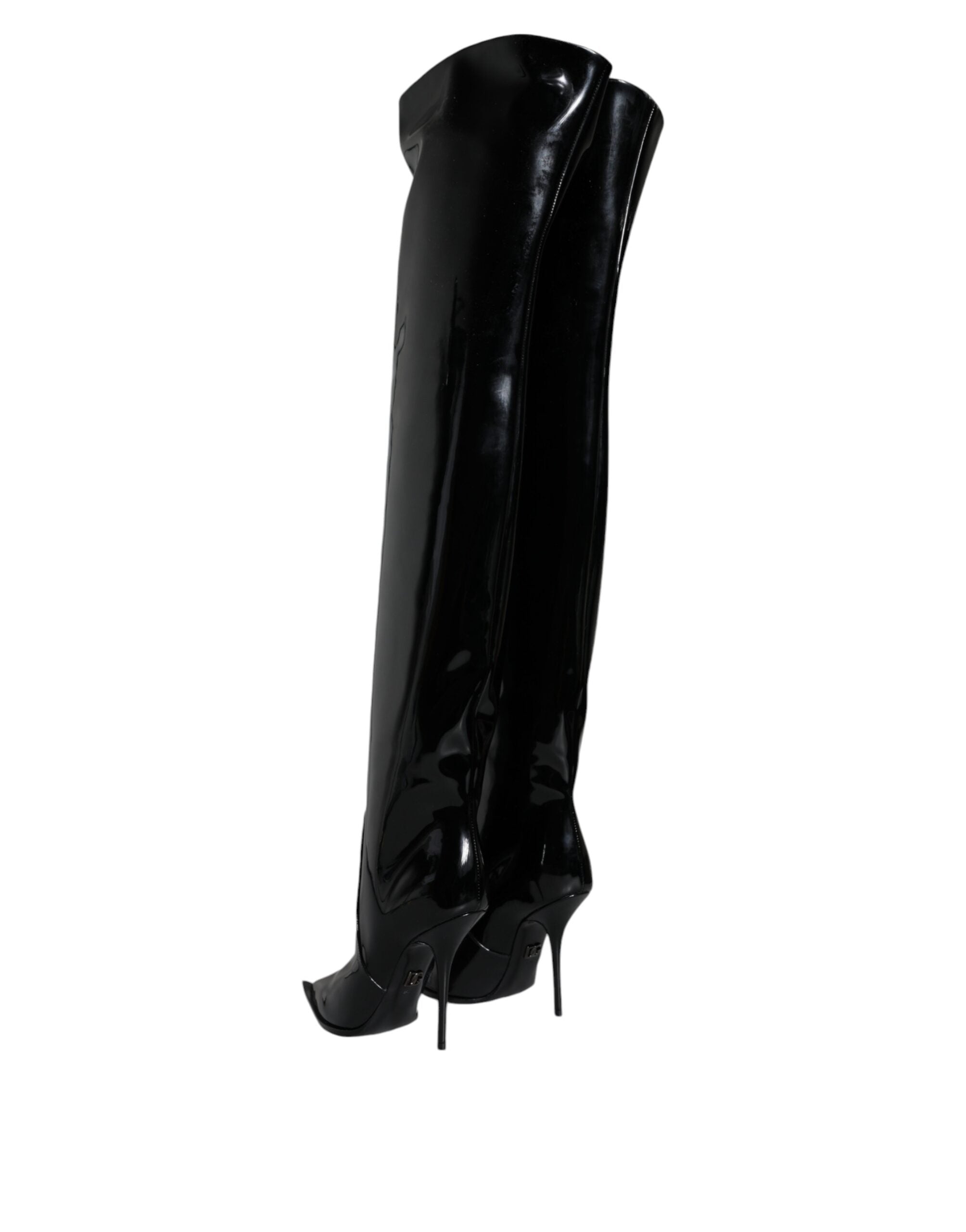 Bottes hautes en cuir verni noir Dolce & Gabbana, chaussures élégantes en cuir brillant avec talons.