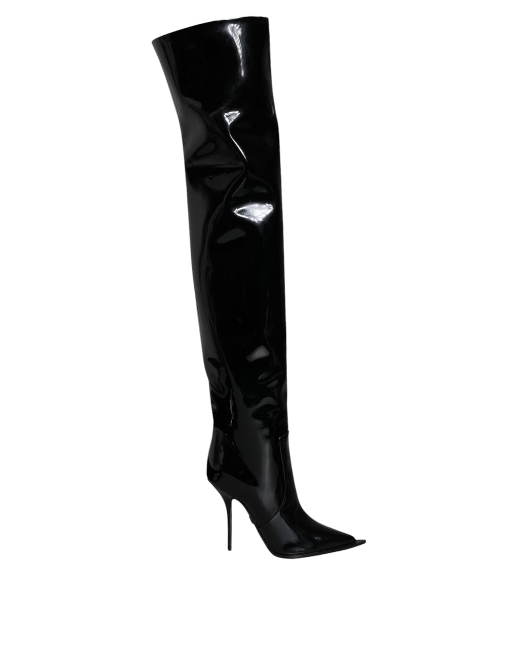 Bottes hautes en cuir verni noir Dolce & Gabbana, chaussures élégantes, avec finition brillante et design sophistiqué.