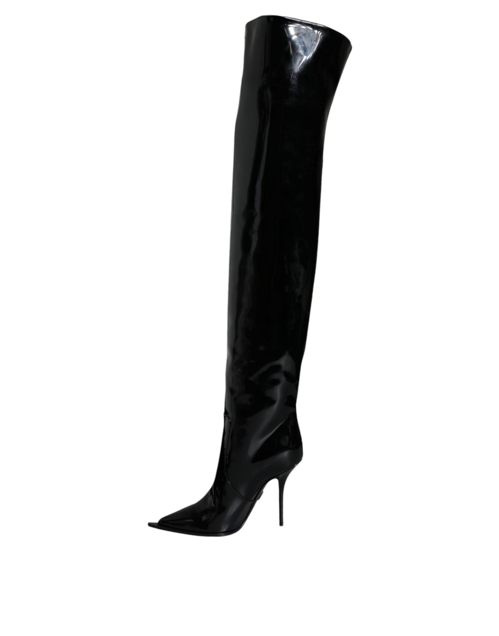 Bottes hautes noires en cuir verni Dolce & Gabbana, style élégant avec finition brillante et semelle en caoutchouc visible.