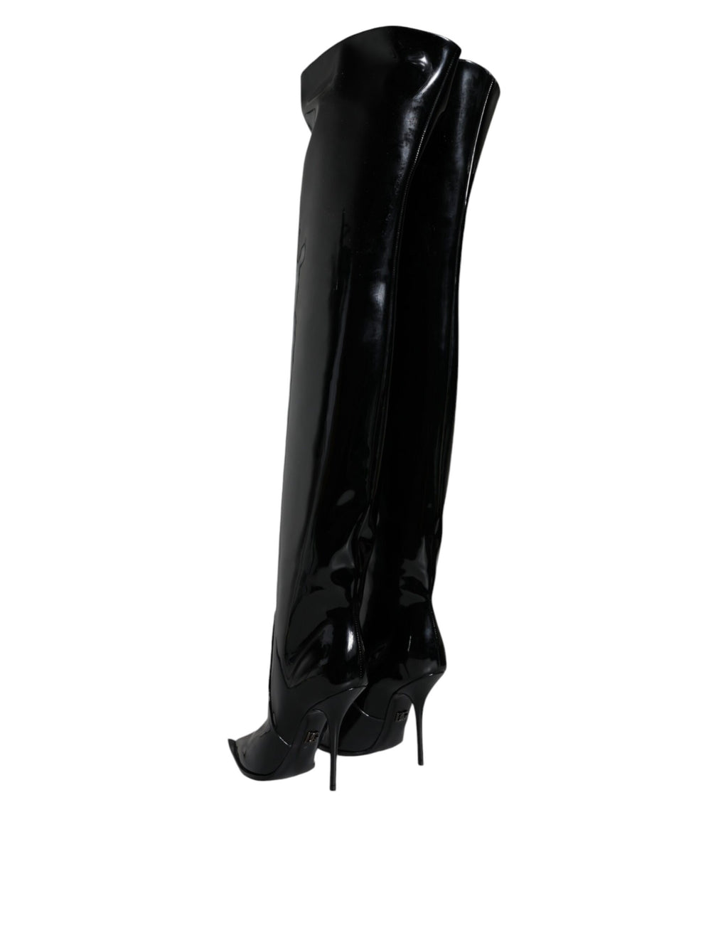 Bottes hautes en cuir verni noir de Dolce & Gabbana, chaussures élégantes en style bottines longues.