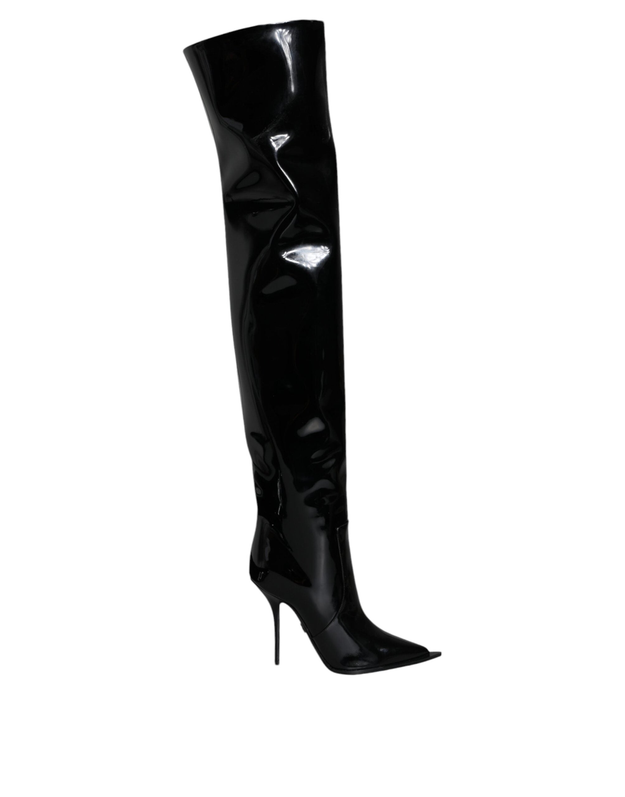 Bottes hautes en cuir verni noir Dolce & Gabbana, chaussures élégantes en cuir brillant, enfilage jusqu’au genou.