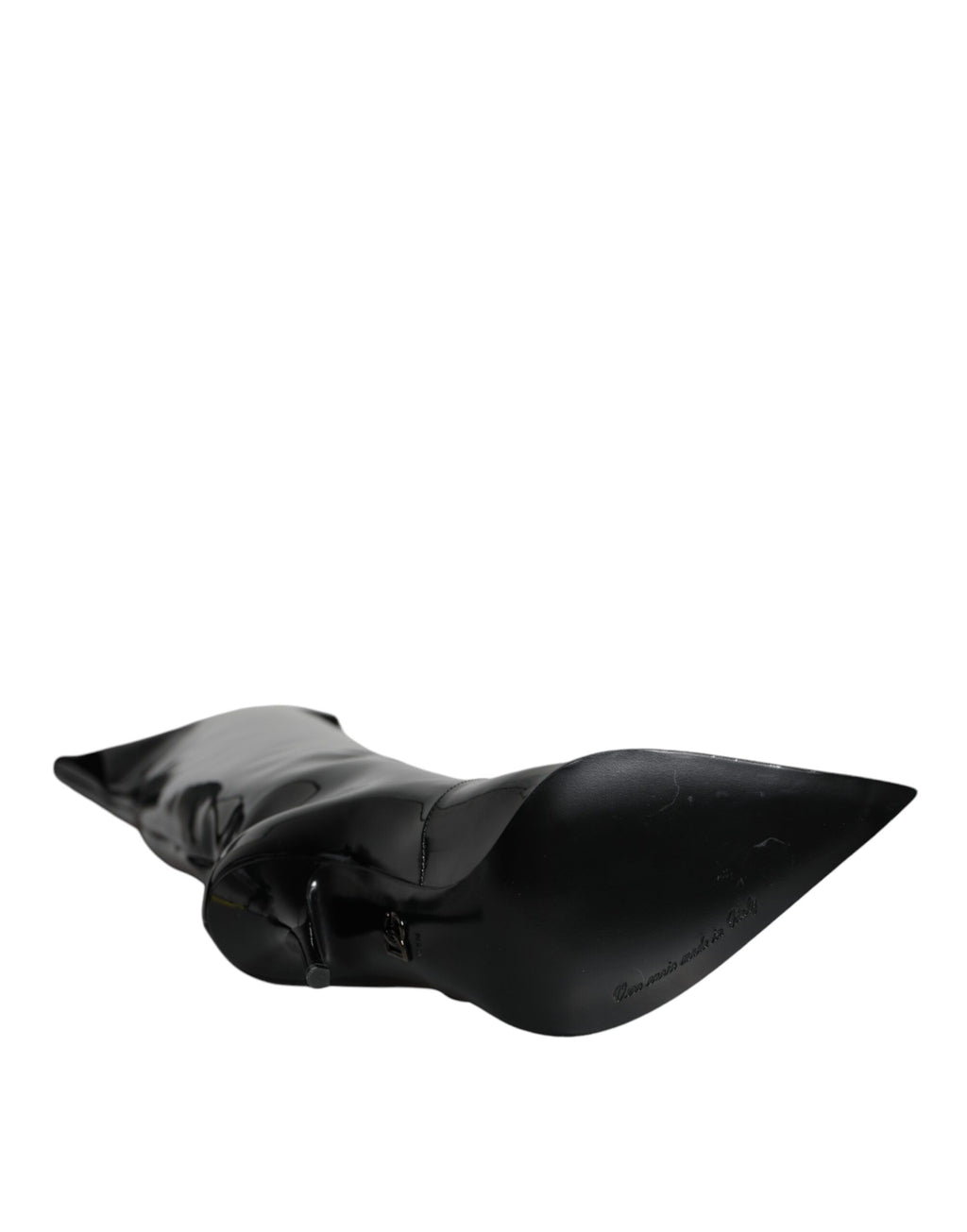 Bottes hautes en cuir verni noir de la marque Dolce & Gabbana, chaussures élégantes pour femmes.