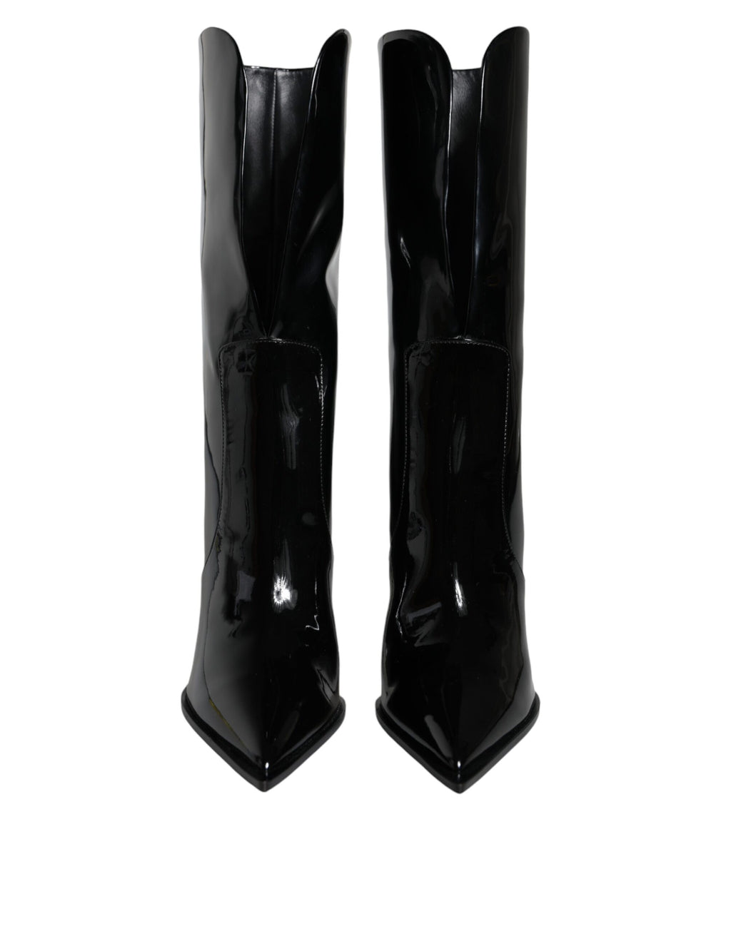 Chaussures bottines en cuir verni noir Dolce & Gabbana, mi-mollet, avec talons élégants et finition brillante.