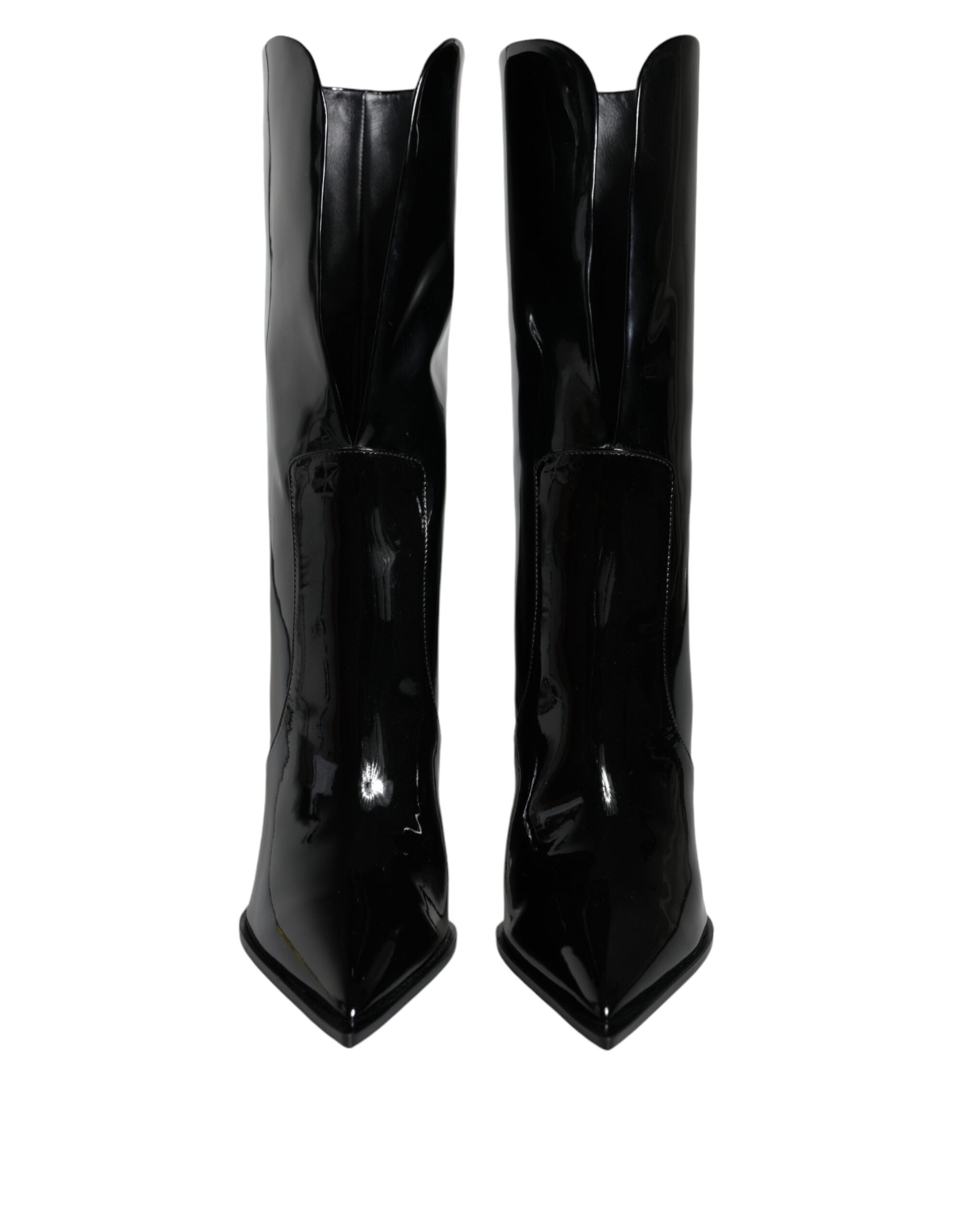 Chaussures bottines en cuir verni noir Dolce & Gabbana, mi-mollet, avec talons élégants et finition brillante.