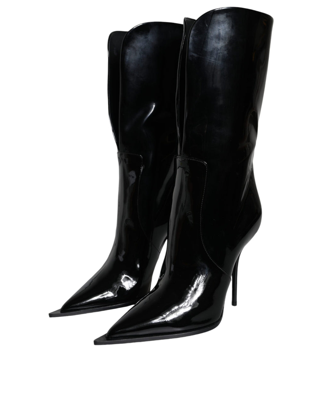 Bottes mi-mollet en cuir verni noir de Dolce & Gabbana, chaussures élégantes et sophistiquées pour femme.