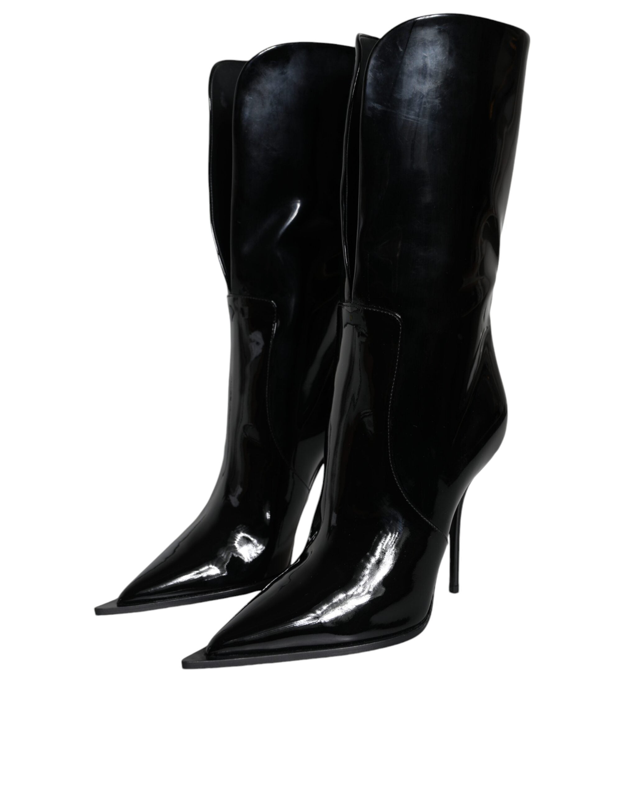 Bottes mi-mollet en cuir verni noir de Dolce & Gabbana, chaussures élégantes et sophistiquées pour femme.