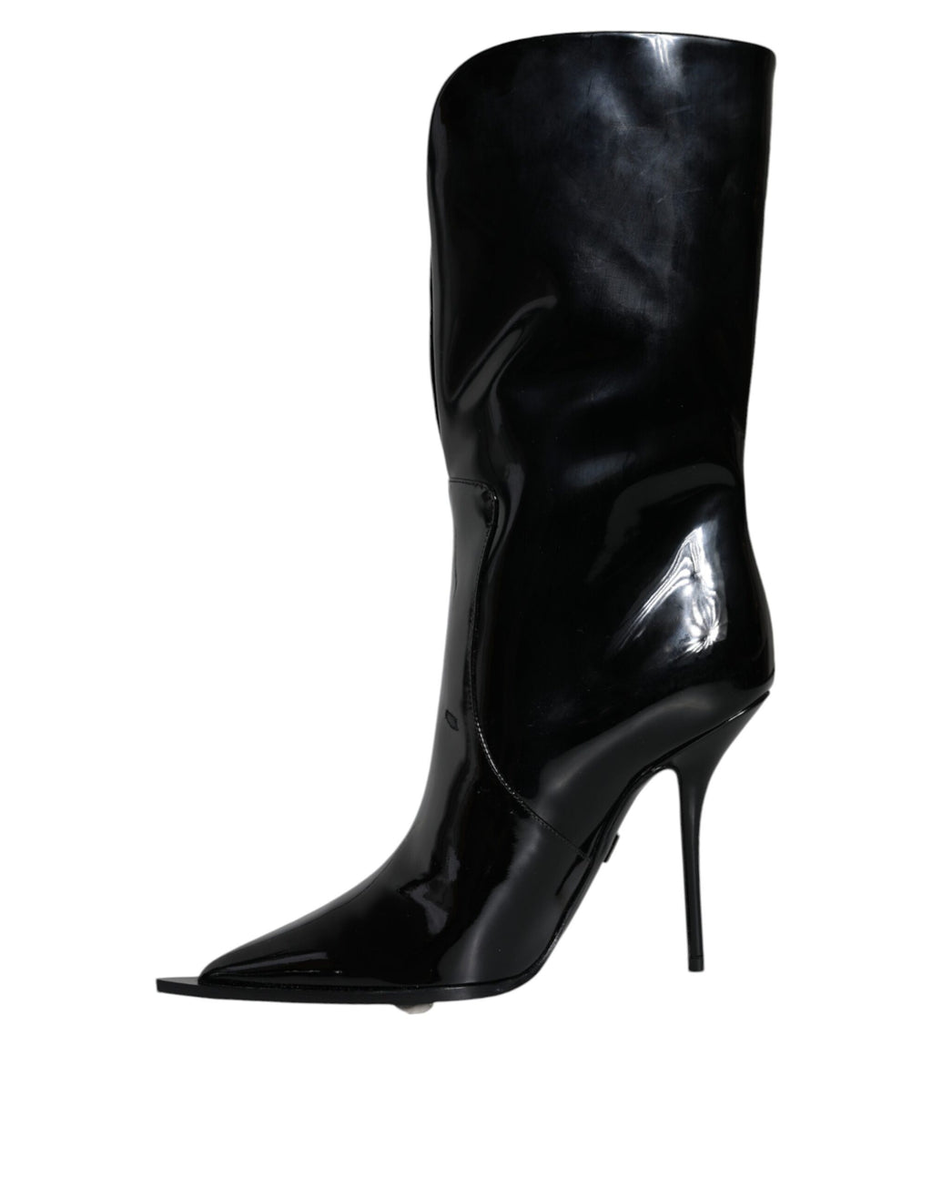 Bottes mi-mollet en cuir verni noir de Dolce & Gabbana, style élégant et sophistiqué, vues de face.