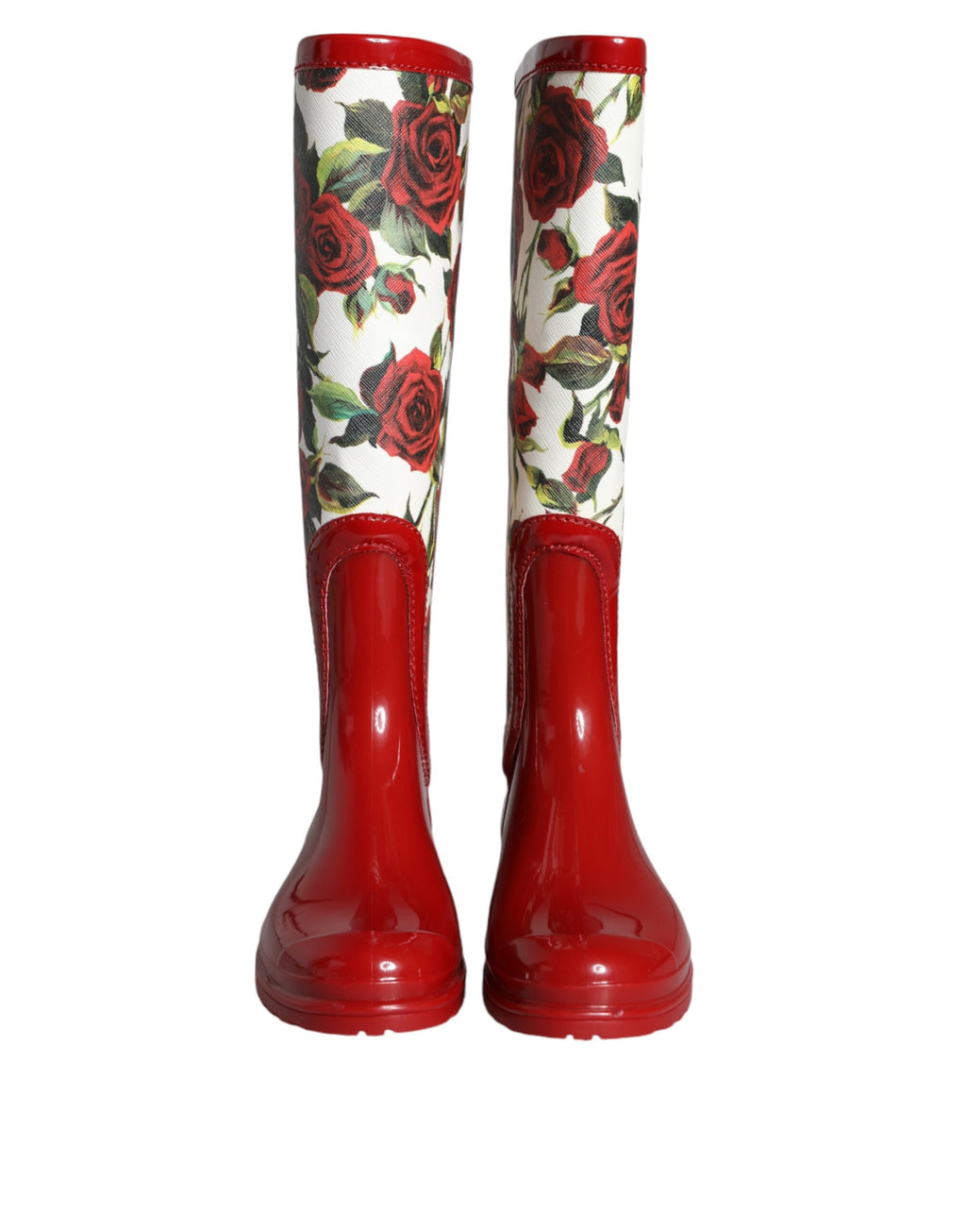 Bottes plates en caoutchouc rouge à fleurs Dolce & Gabbana, bottes hautes au style floral et tendance.