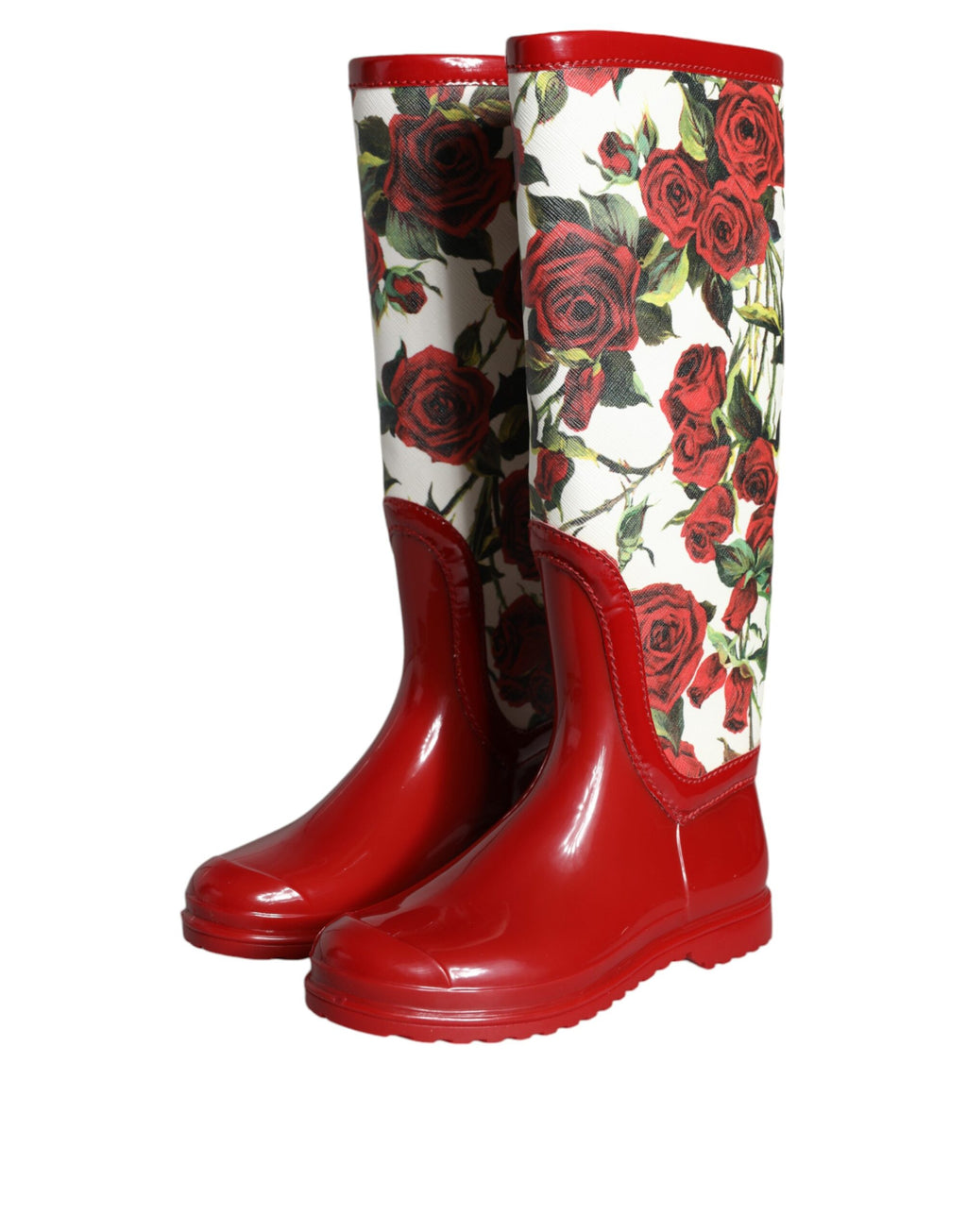Bottes plates en caoutchouc rouges à fleurs Dolce & Gabbana, bottes hautes jusqu'au genou, style floral et décontracté.