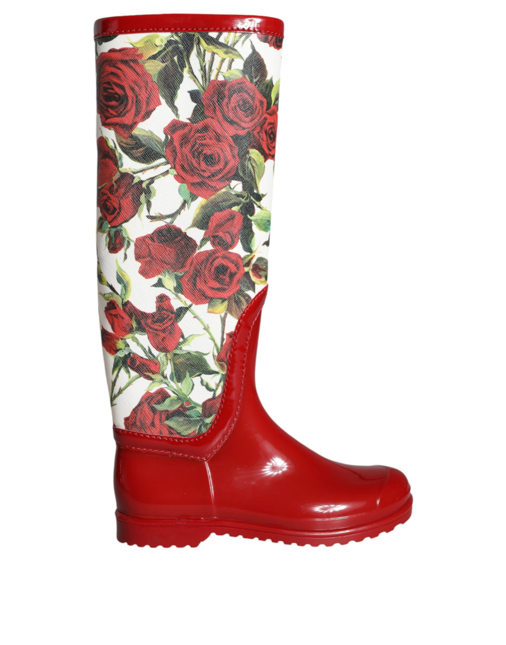 Bottes plates en caoutchouc rouges à fleurs Dolce & Gabbana, bottes hautes jusqu'aux genoux, avec motif floral coloré.