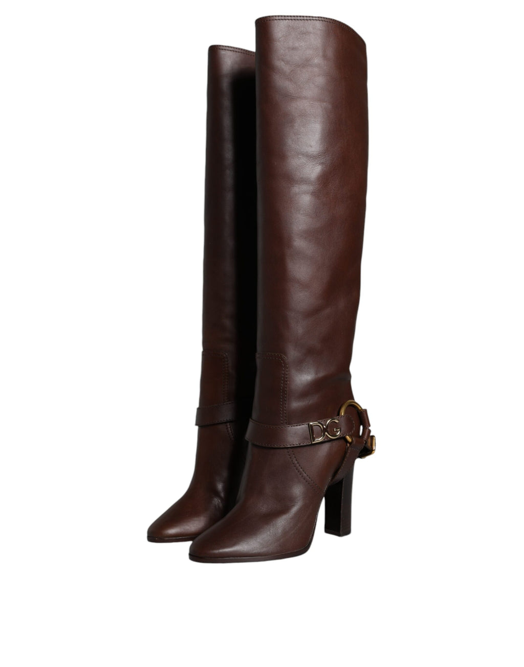 Bottes en cuir marron Dolce & Gabbana avec logo en or, style haut, chaussures élégantes et sophistiquées.