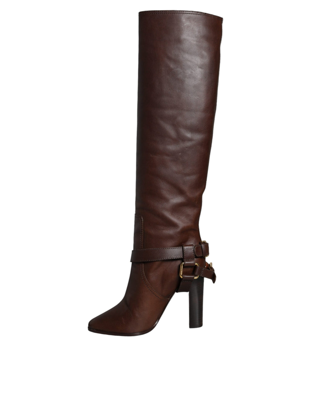 Bottes hautes en cuir marron Dolce & Gabbana avec logo en or, élégantes et sophistiquées, vues de face.