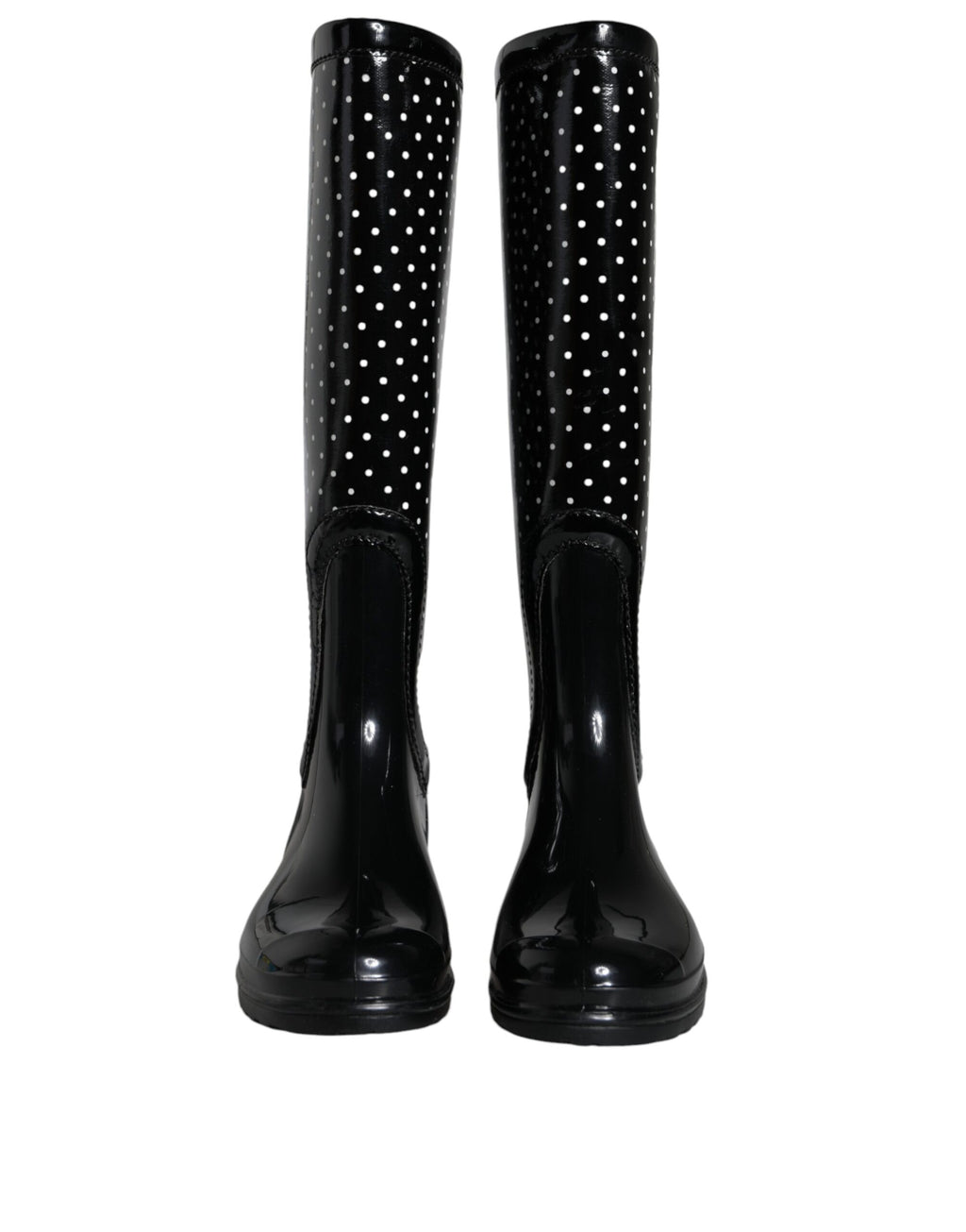 Bottes hautes en caoutchouc noires à pois pour femmes de Dolce & Gabbana, style élégant et moderne.