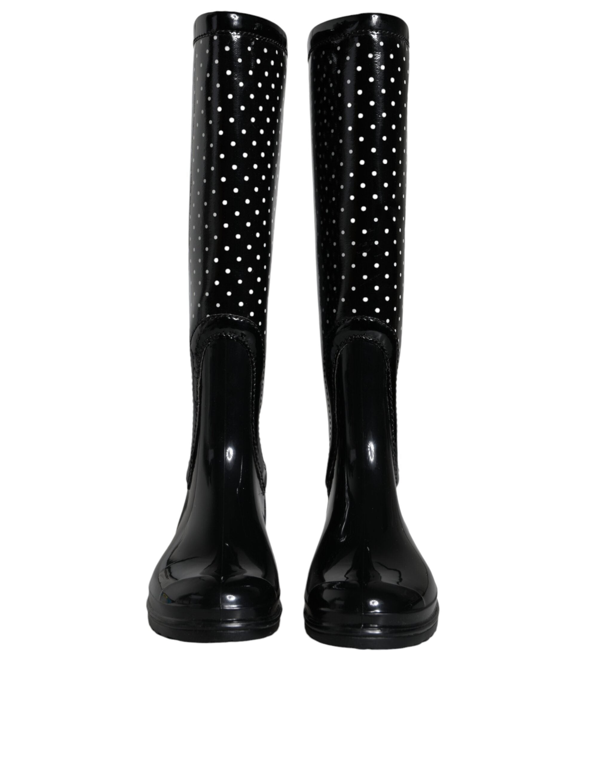 Bottes hautes en caoutchouc noires à pois pour femmes de Dolce & Gabbana, style élégant et moderne.