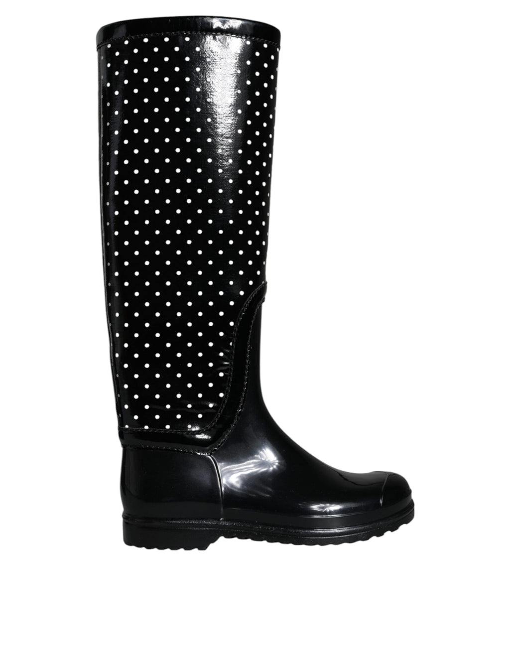 Bottes hautes en caoutchouc noires à pois Dolce & Gabbana, style élégant et moderne avec motif à pois noirs et détails en caoutchouc.