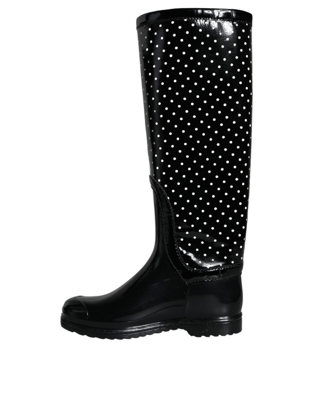 Bottes hautes en caoutchouc noires à pois Dolce & Gabbana, chaussures élégantes pour femmes avec motif à pois noir et blanc.