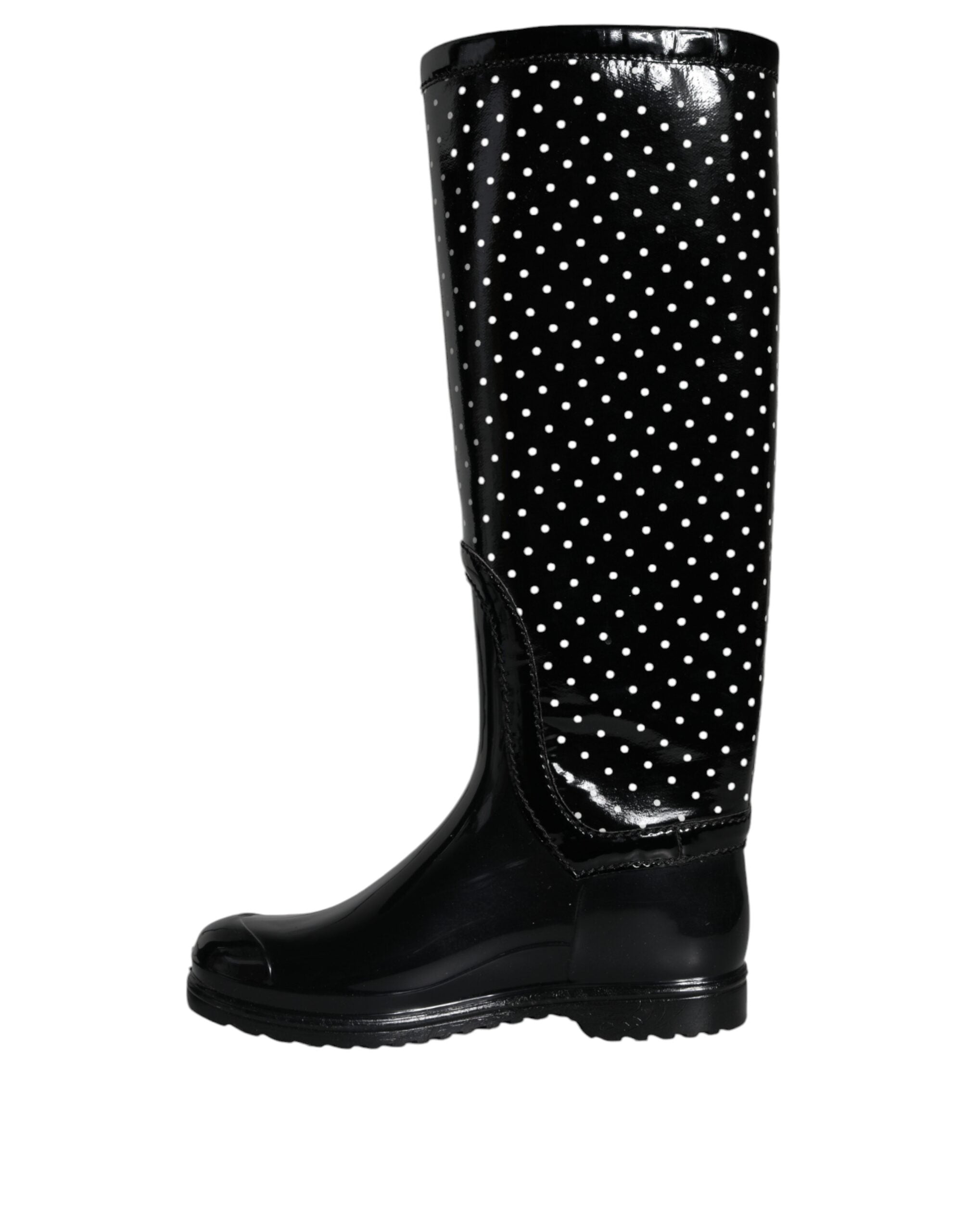 Bottes hautes en caoutchouc noires à pois Dolce & Gabbana, chaussures élégantes pour femmes avec motif à pois noir et blanc.