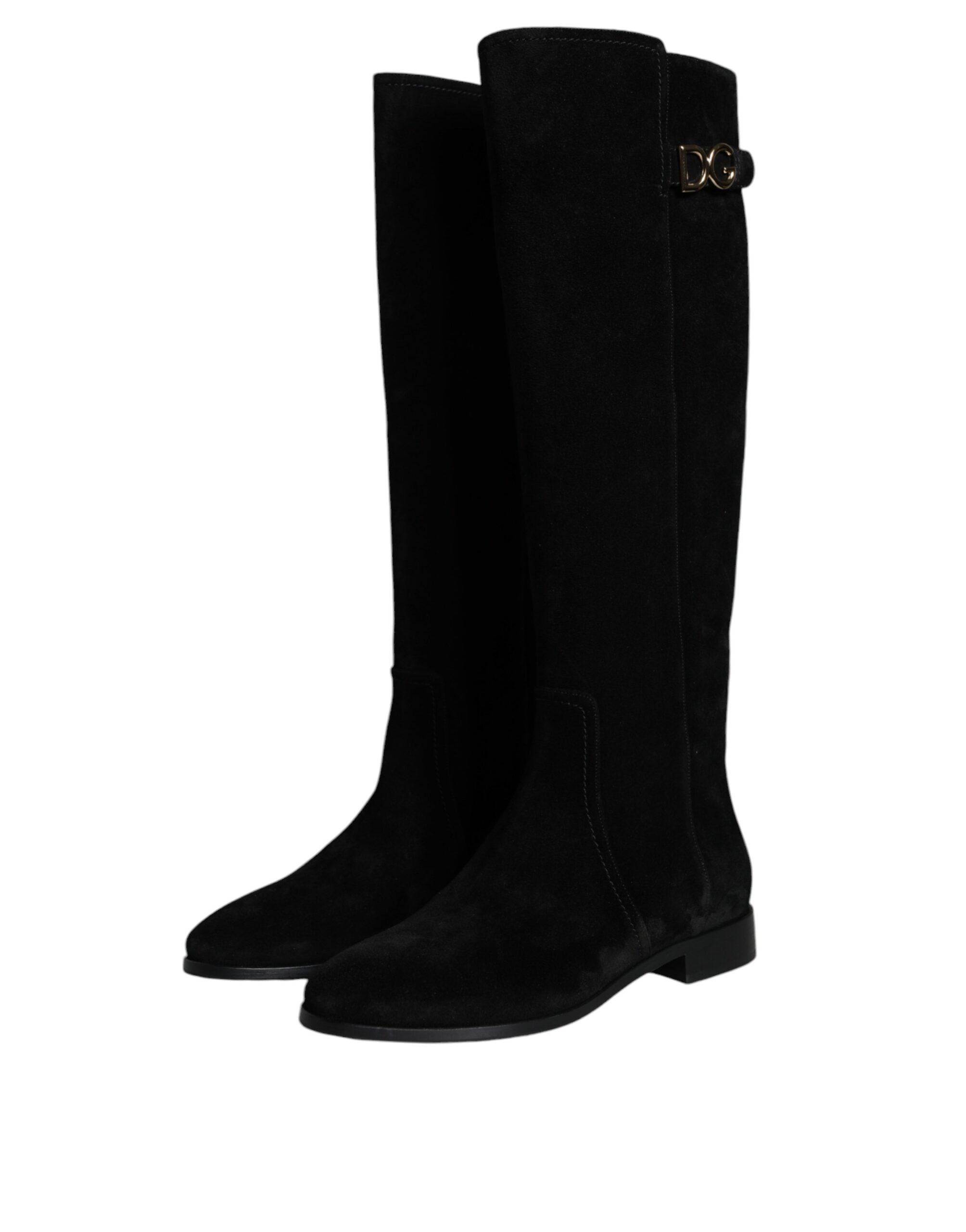 Bottes hautes en cuir suédé noir de Dolce & Gabbana, chaussures élégantes et sophistiquées pour femmes.