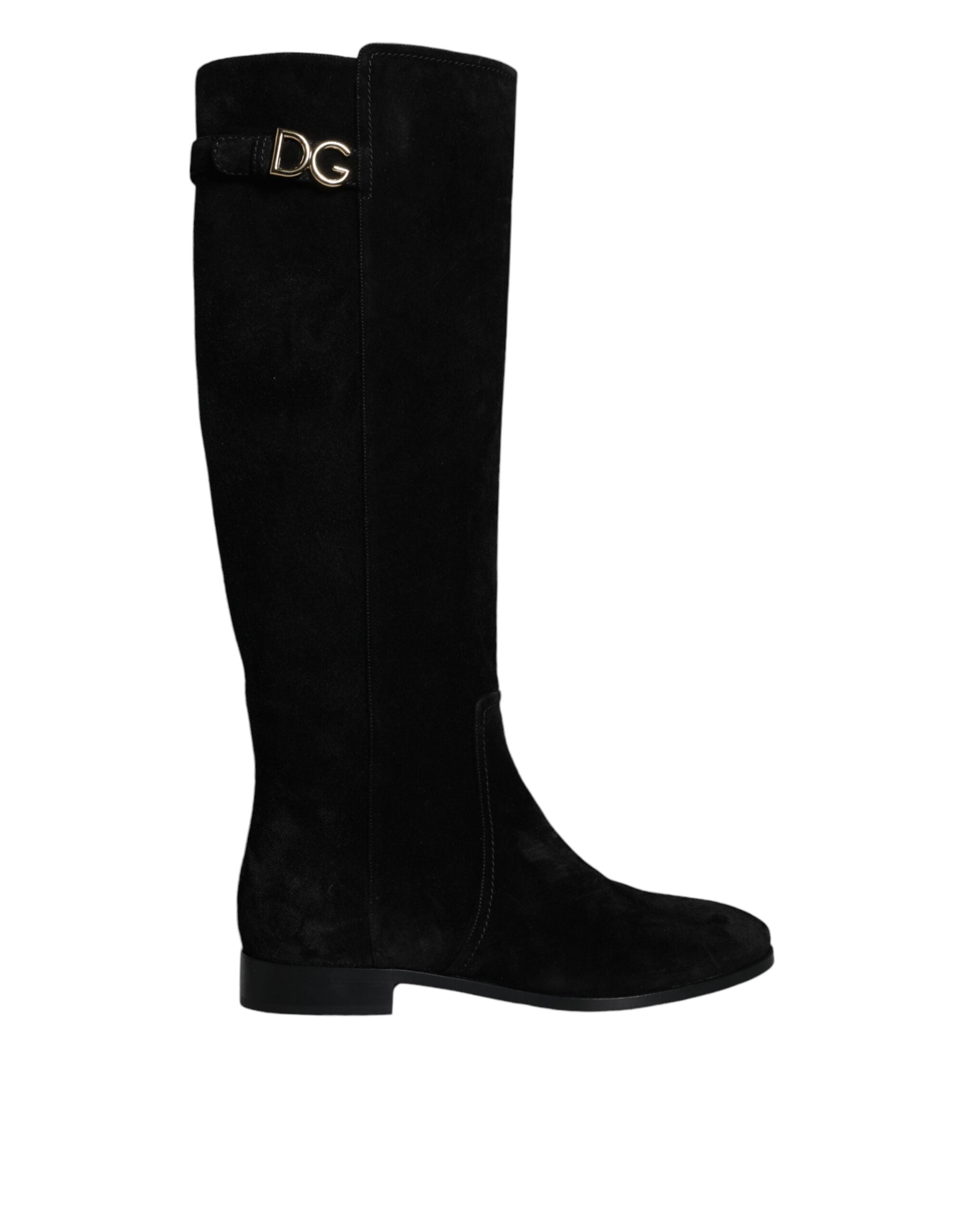Bottes hautes en cuir de suède noir de Dolce & Gabbana, chaussures élégantes et modernes pour femmes.