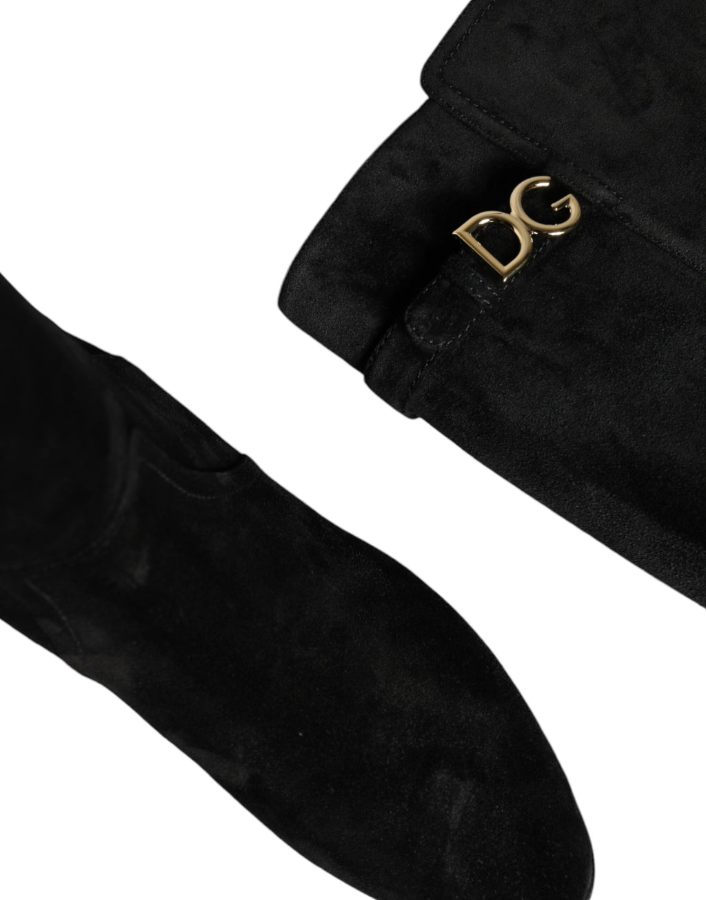 Bottes hautes en cuir et daim noir de Dolce & Gabbana, chaussures élégantes et sophistiquées pour femmes.
