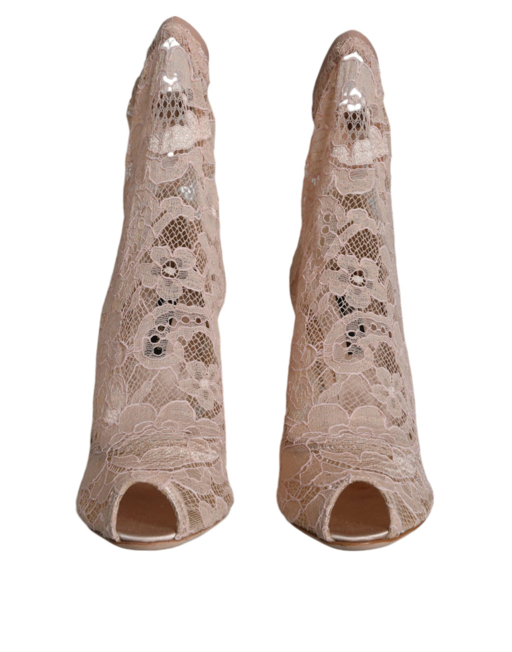 Bottes Dolce & Gabbana Taormina en dentelle beige, extensibles, avec semelle en cuir et détails élégants pour un style sophistiqué.