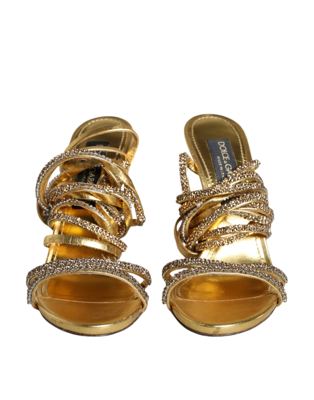 Sandales à talons Dolce & Gabbana Keira en or avec cristaux, vue de profil montrant le design élégant et brillant des chaussures.