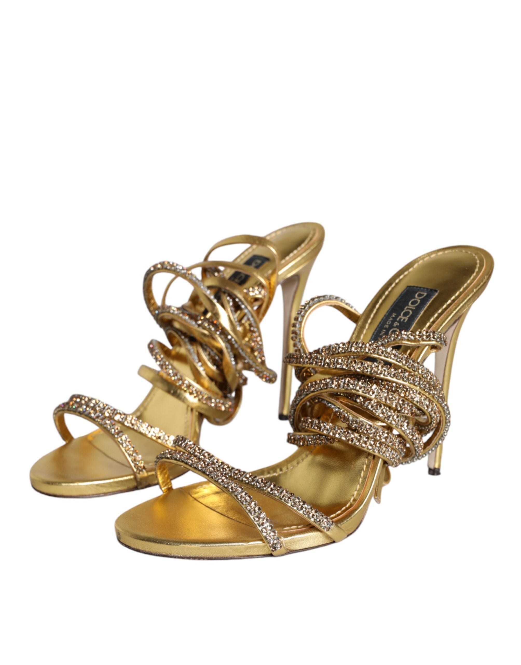 Sandales à talons Dolce & Gabbana Keira en or avec cristaux, vue de face, mettant en valeur le design élégant et brillant.