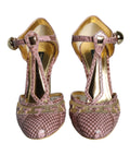 Chaussures Dolce & Gabbana, sandales à talons en cuir rose et or, avec bride T-strap, élégantes et tendance.