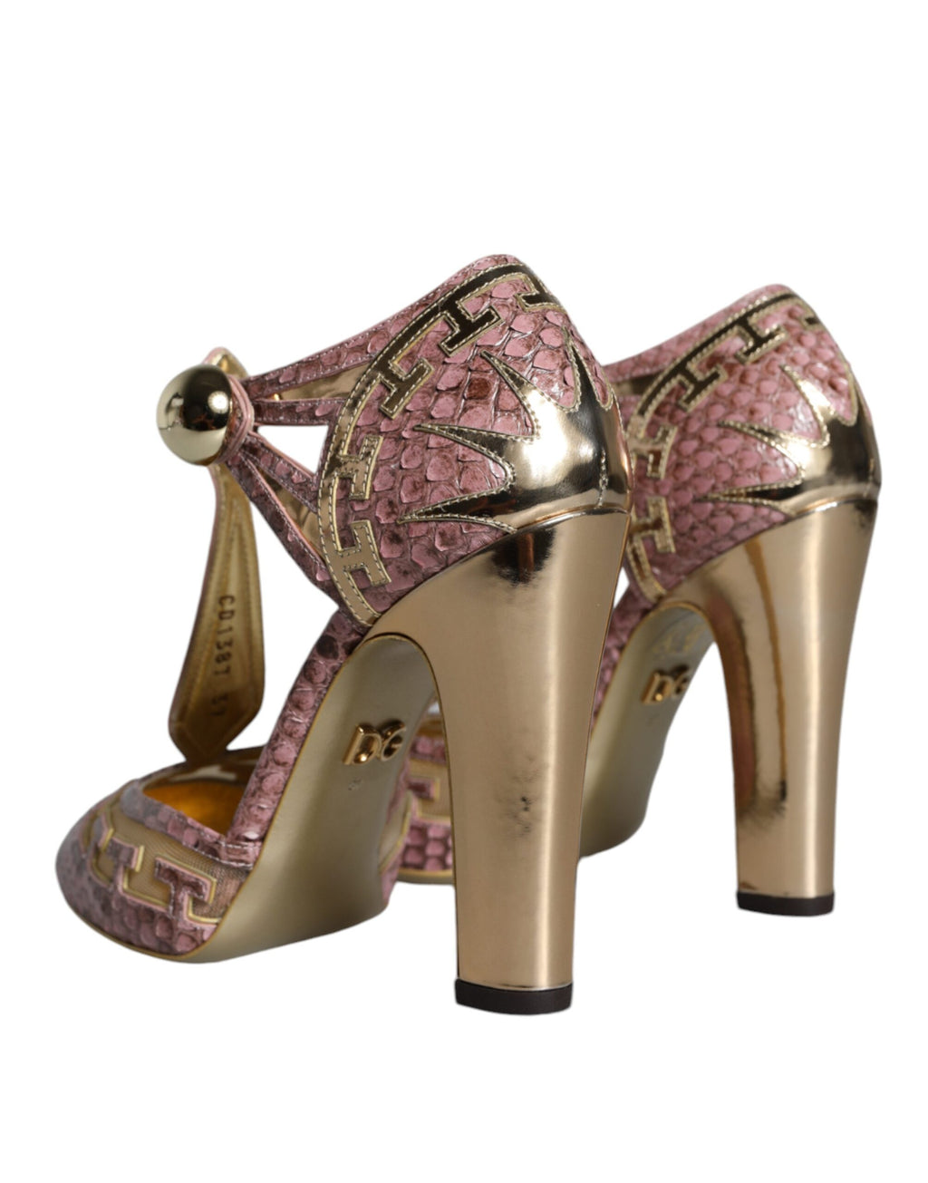 Chaussures Dolce & Gabbana, sandales à talons en cuir rose et or, avec bride T-strap, vues de face.