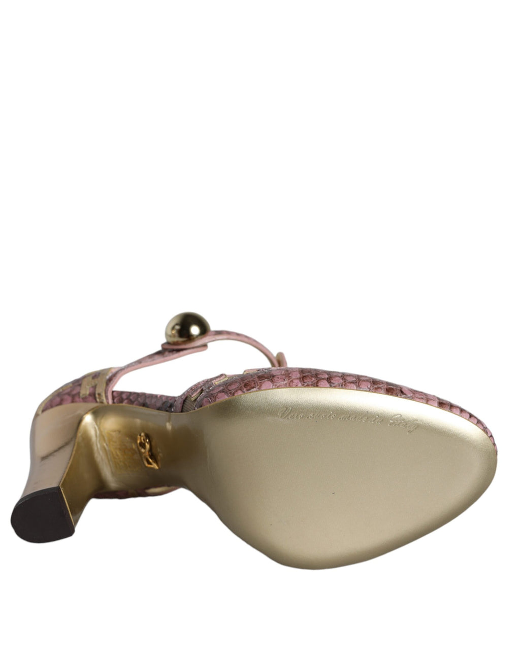 Chaussures Dolce & Gabbana à talons en cuir rose et or avec bride T-strap, sandales élégantes pour femme.