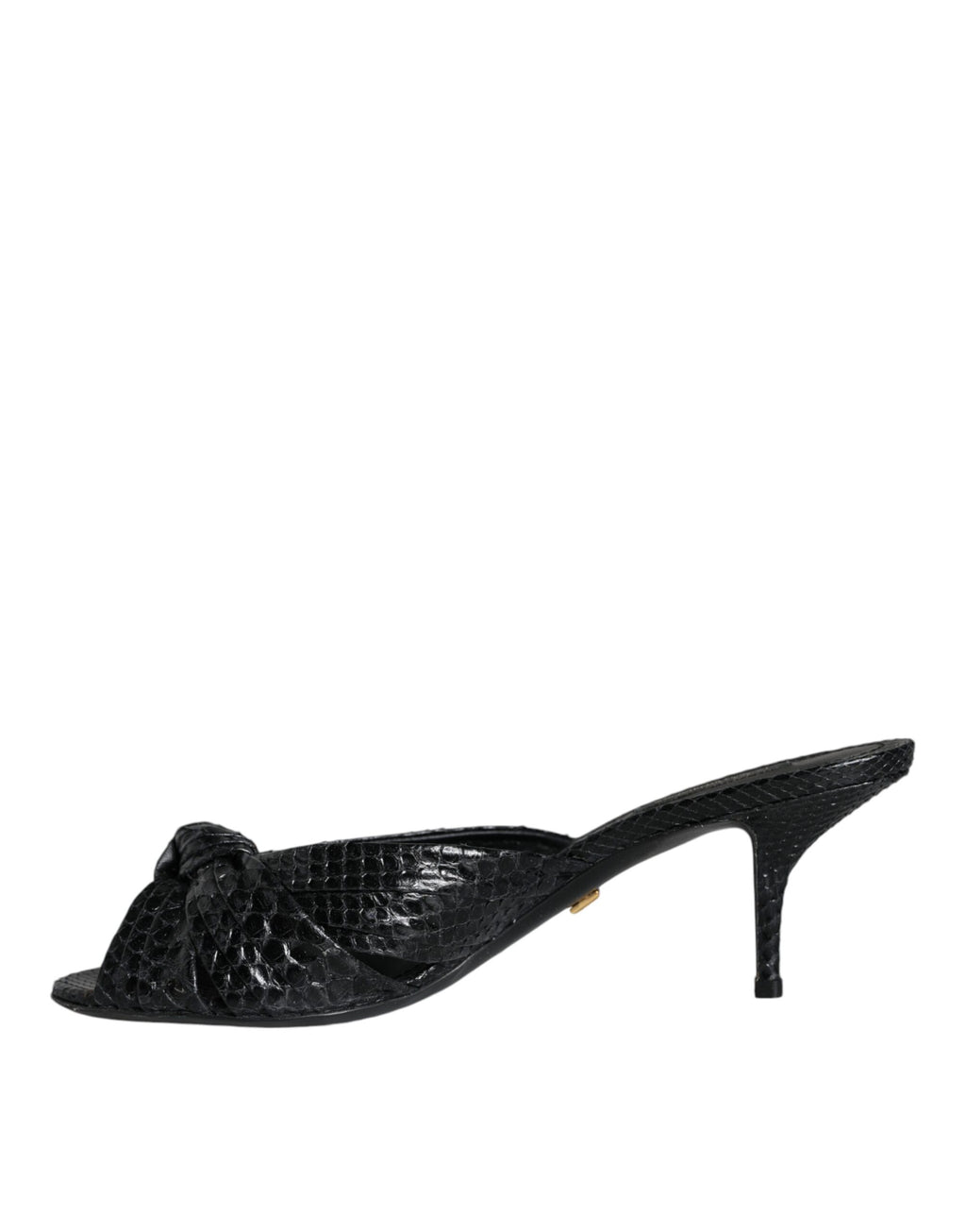 Sandales à talons en cuir noir Dolce & Gabbana, chaussures à slides élégantes avec design sophistiqué, visibles en gros plan.